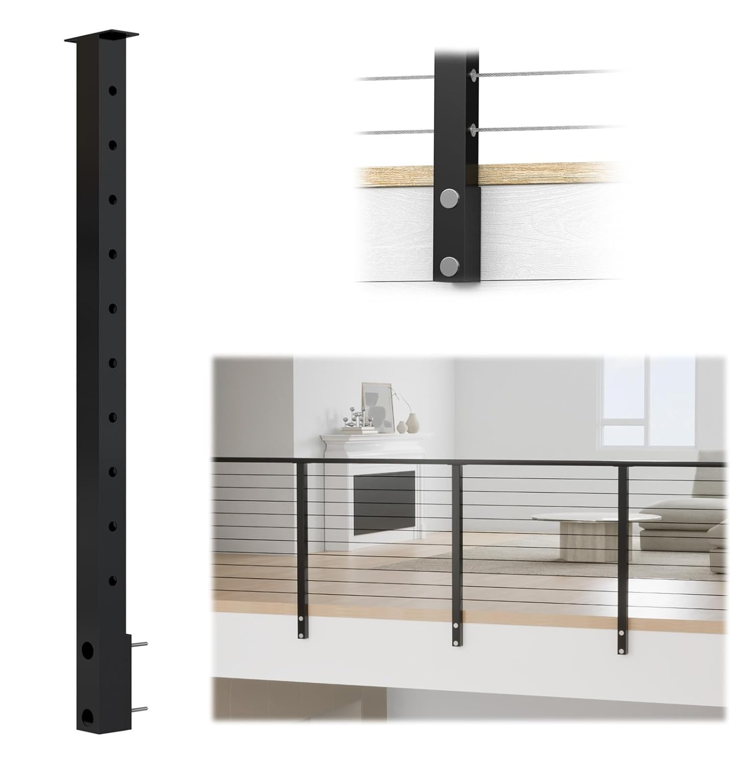 36″ Black Stainless Steel Side Mount Cable Railing Post Kit for Indoor/Outdoor