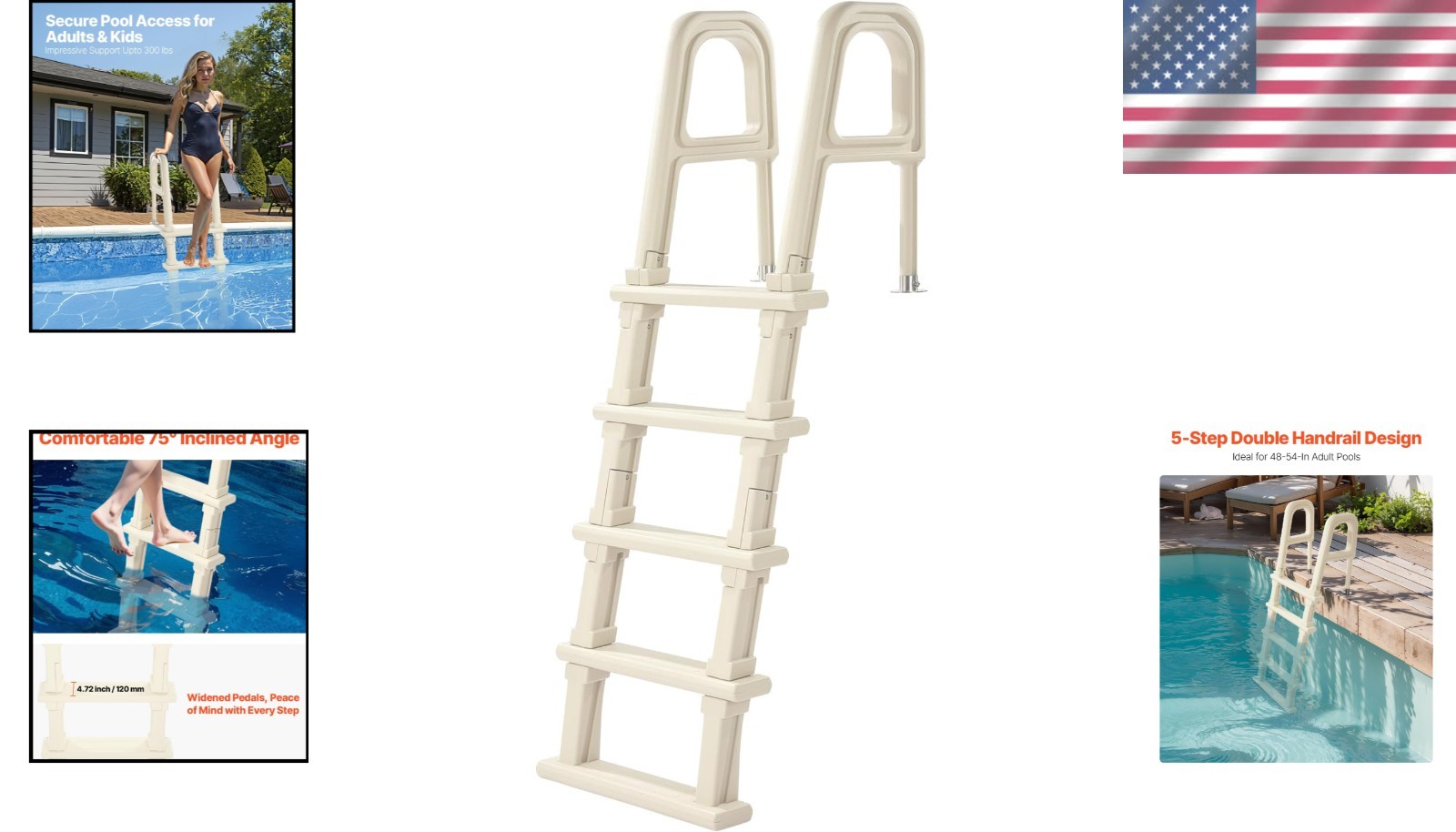 Sturdy Non-Slip 5-Step Pool Ladder with Inclined Design – 300 lb Load Capacity