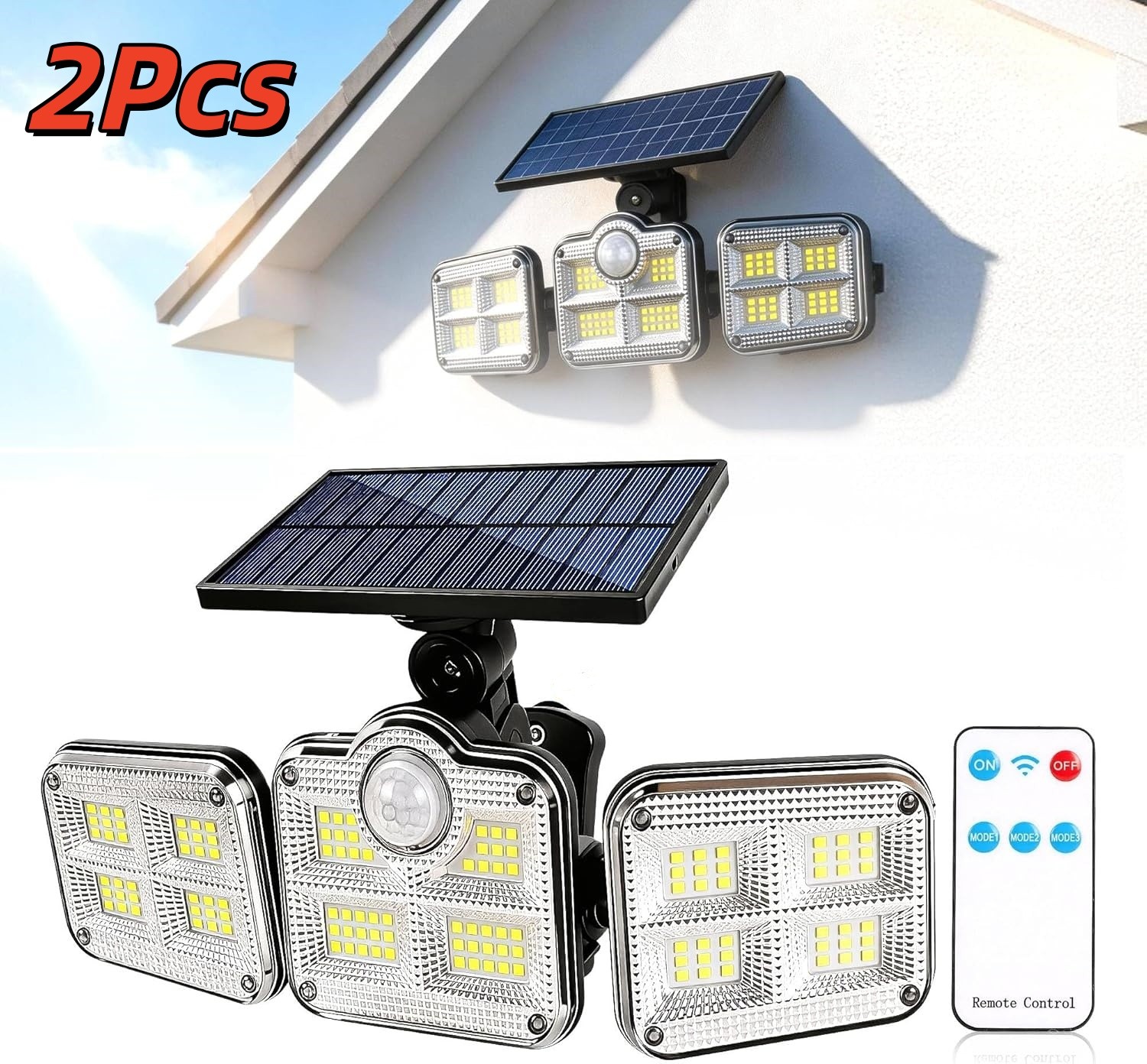 2 Pack LED Solar Lights 3-Head Outdoor Waterproof Motion Sensor Security Lamp