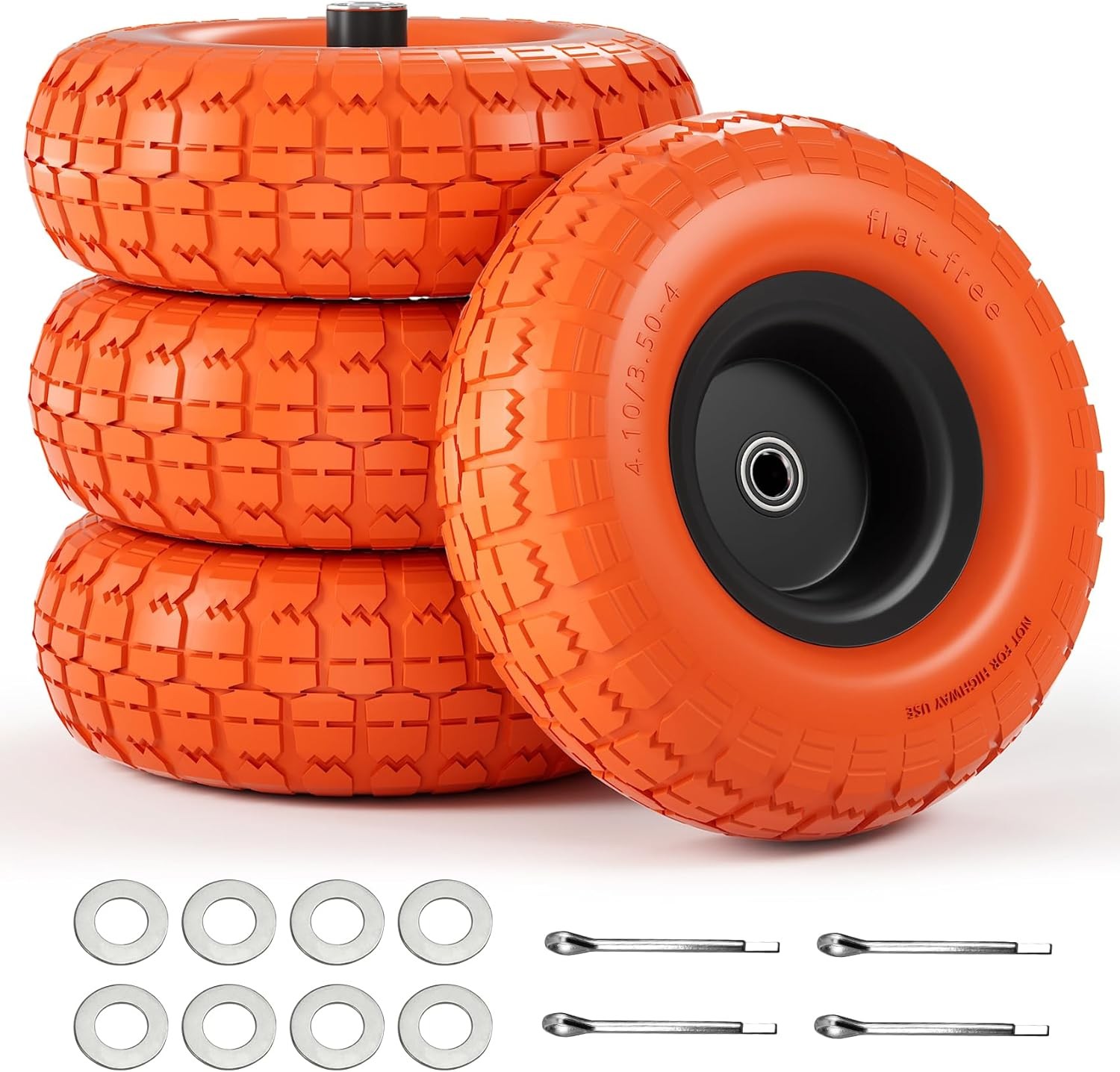 4PCS Upgrade 4.10/3.50-4 Flat Free Solid Rubber Tire and Wheel, 10″ Solid Tires