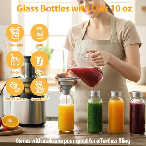 10 oz Glass Juice Bottles, 8 Pack with Stainless 10 OZ Silver lid- 8 pack