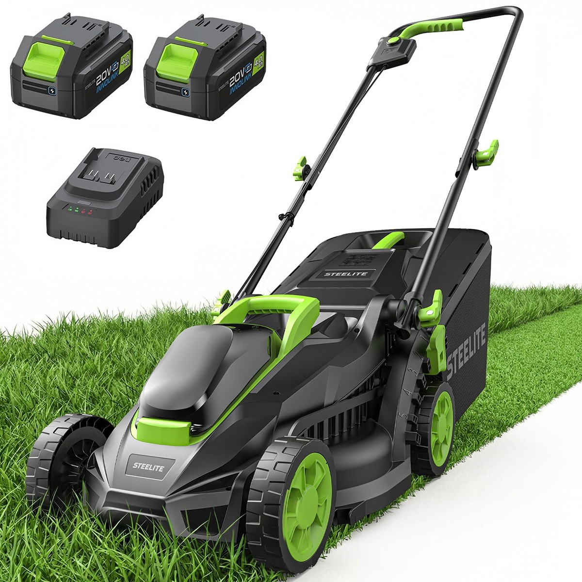 STEELITE 13in 21V Cordless Lawn Mower Brushless with 2 x 4.0Ah Battery&Charger