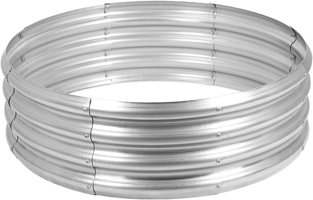 36″ Silver Round Galvanized Steel Fire Ring Pit for Backyard, Camping, Bonfire