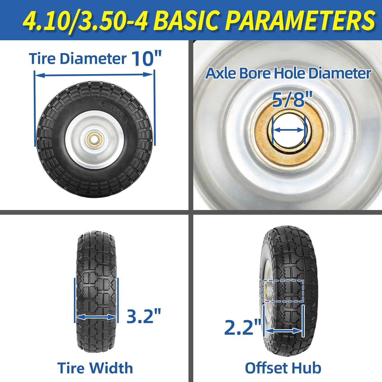 4.10/3.50-4 Tire, 10 Inch Solid Flat Free Tires, Heavy Duty Puncture Proof NEW
