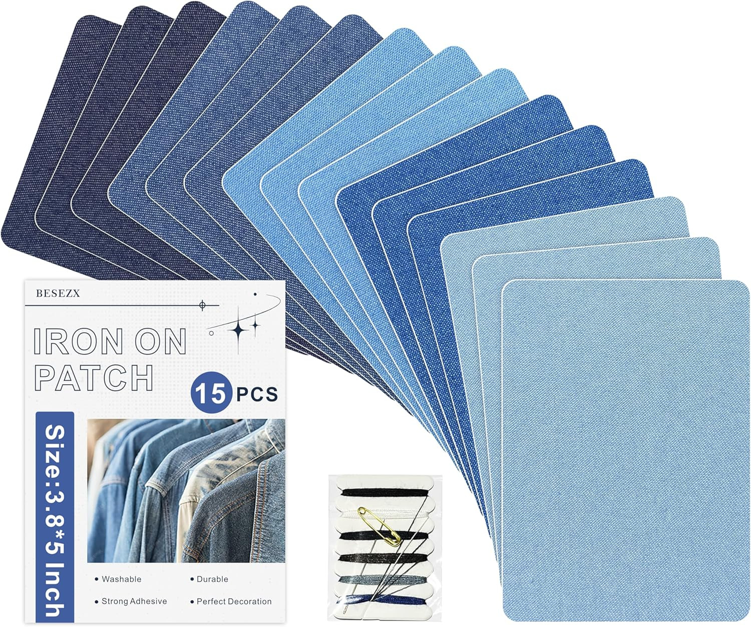 15 PCS Iron-On Denim Patches Kit for Jeans, 3.8″ x 5″, Multi-Color Repair Patche
