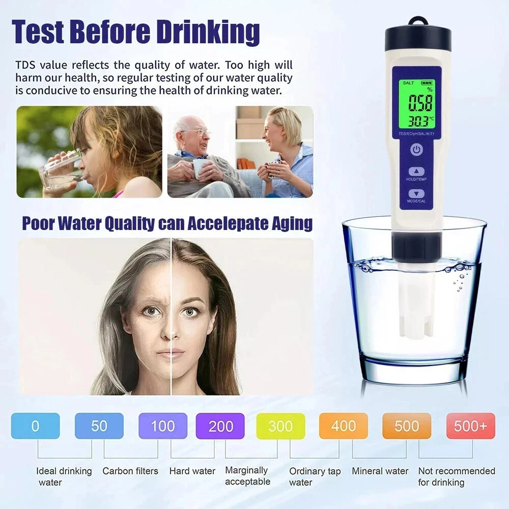 PH/TDS/EC/Salinity/Temperature 5 In 1 Digital Water Quality Meter Tester Tool US