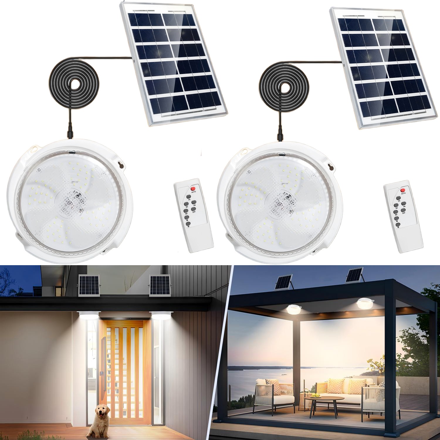 2Pack 7.87in LED Solar Ceiling Light Outdoor 100W Garden Home Shed Pendant Lamp