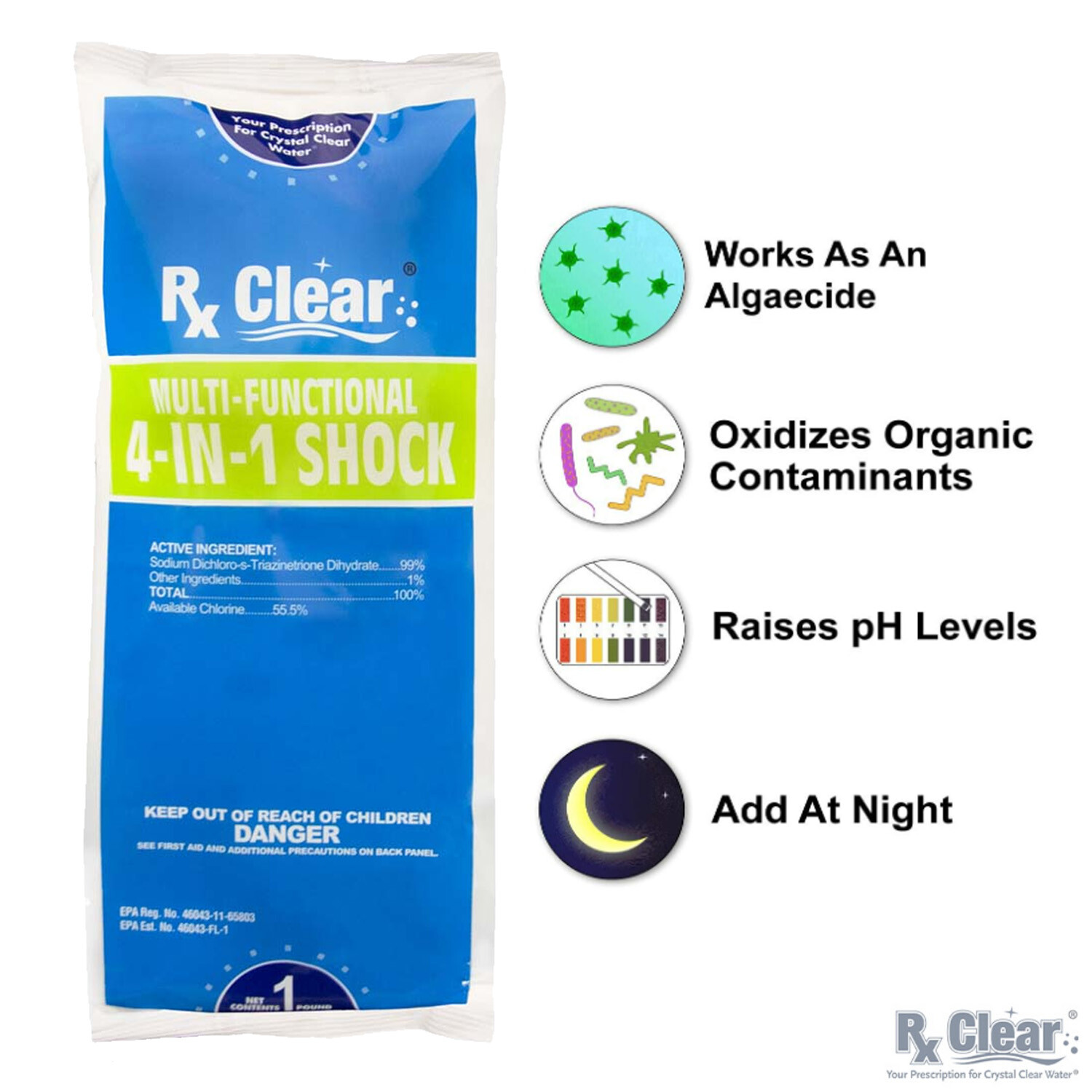 Rx Clear Multi-Functional 4-in-1 Swimming Pool Shock 1 lb – (Choose Quantity)