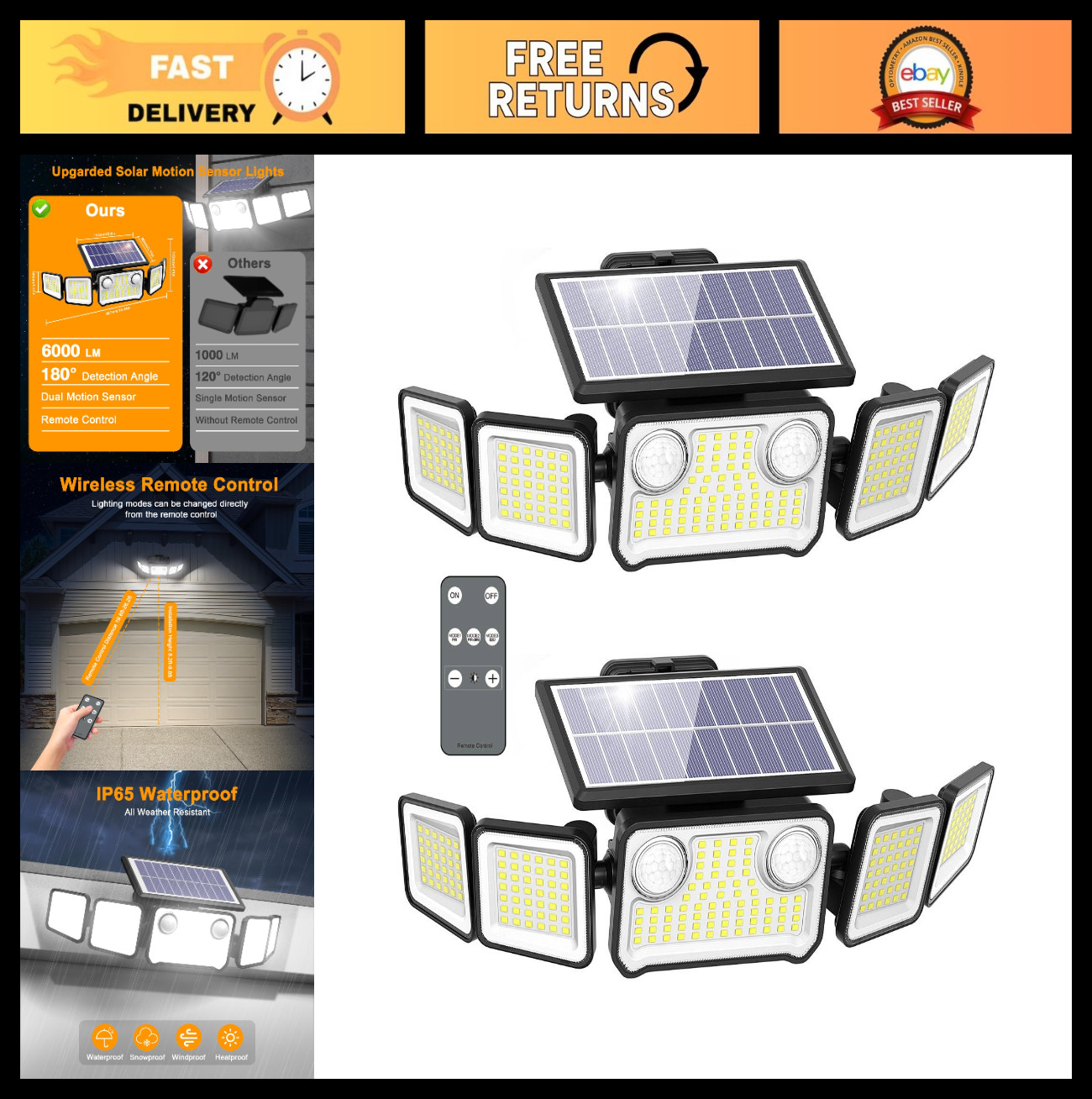 6000LM Solar Outdoor Lights, 5 Heads Remote Control Motion Sensor Flood Lights,