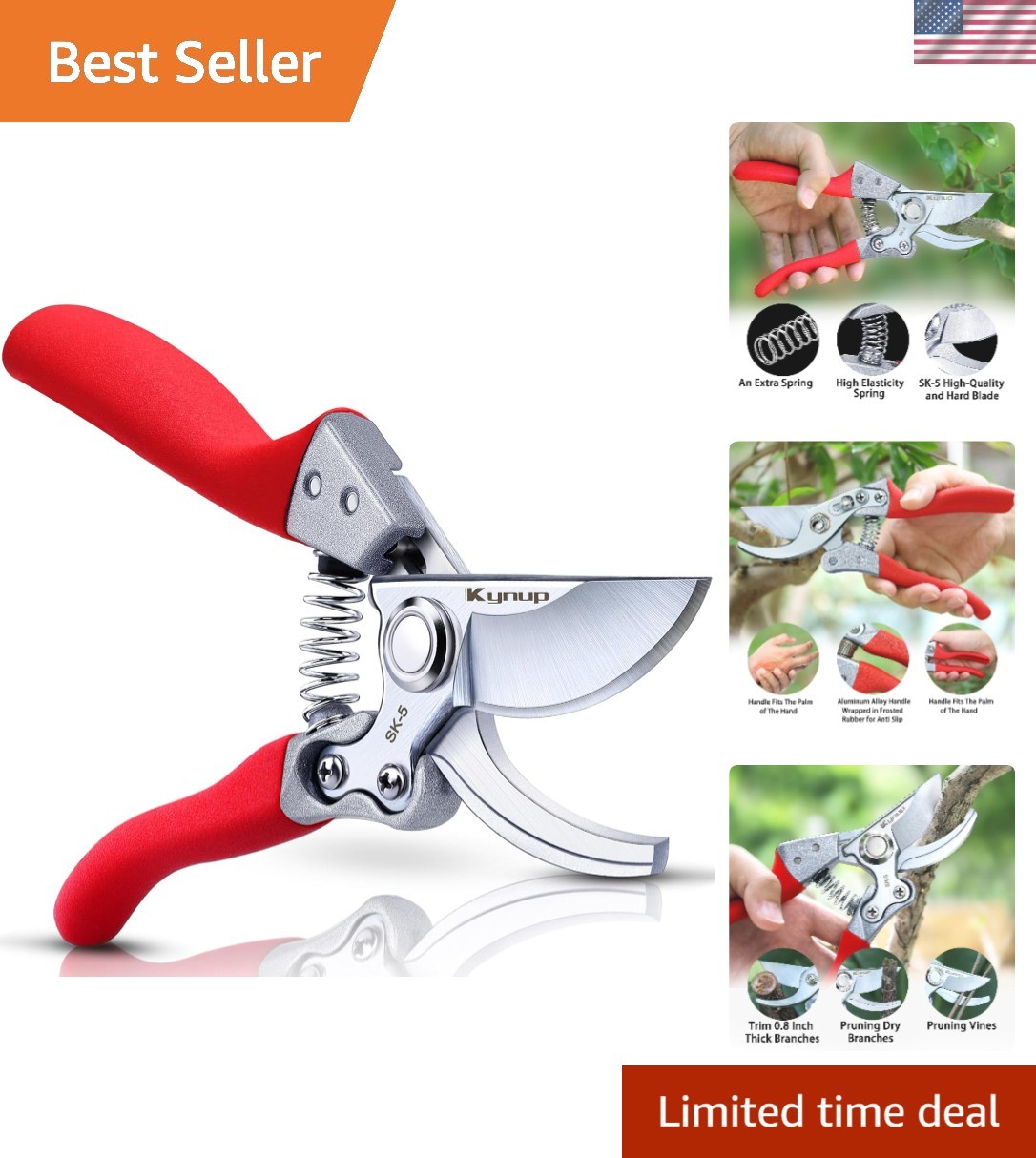 Red High Carbon Steel Pruning Shears with Ergonomic Design and Locking Handle