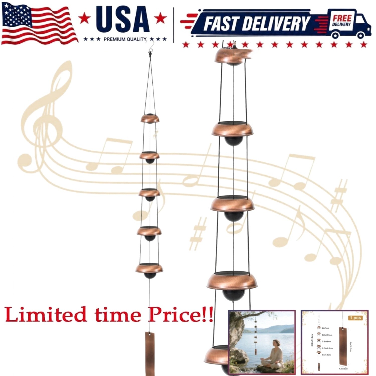 Metal Wind Chimes 5 Bell Temple Outdoor Garden Yard Home Hanging Decor Feng Shui