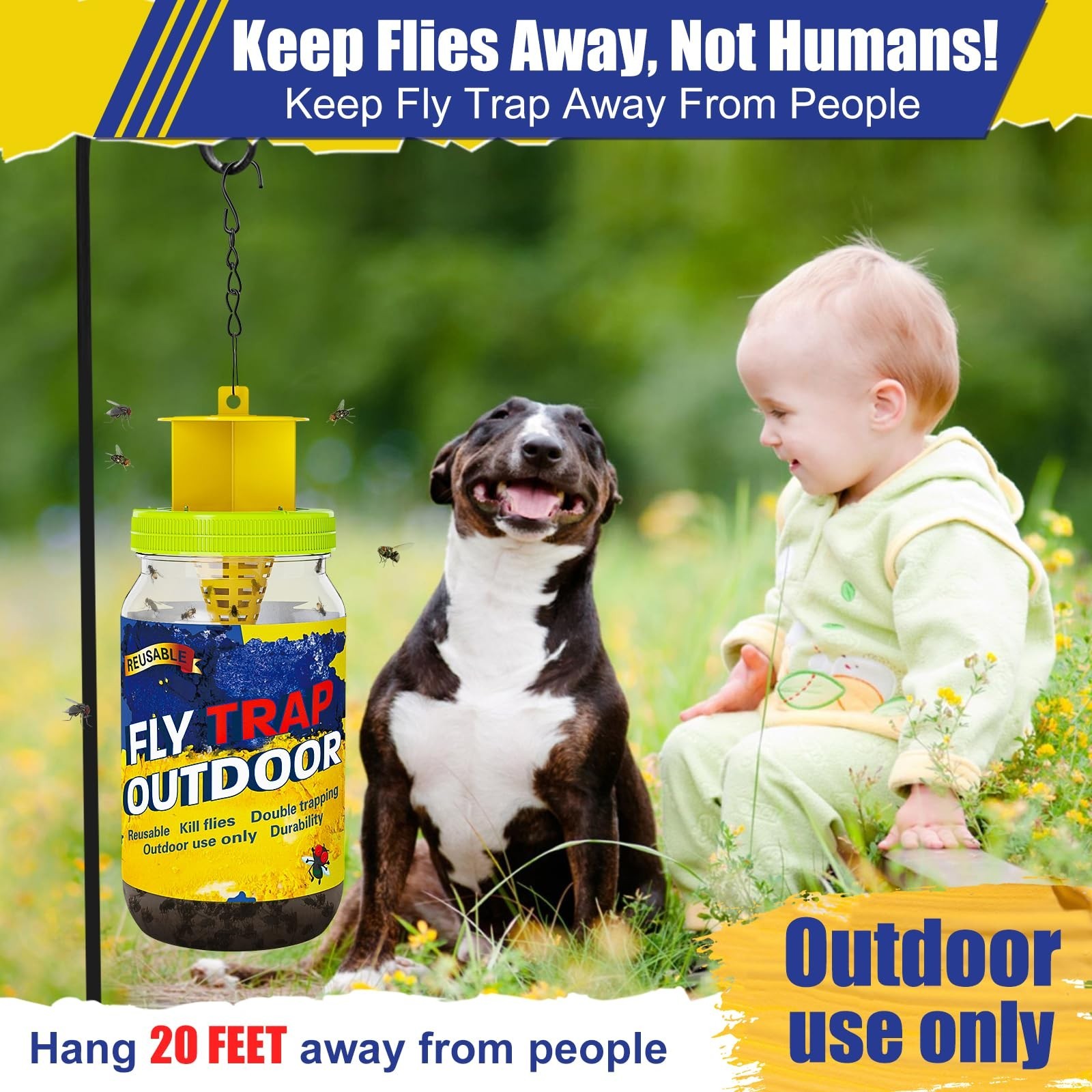 3 Pack Reusable Outdoor Fly Traps with Natural Bait Refills, Insect Control Jar
