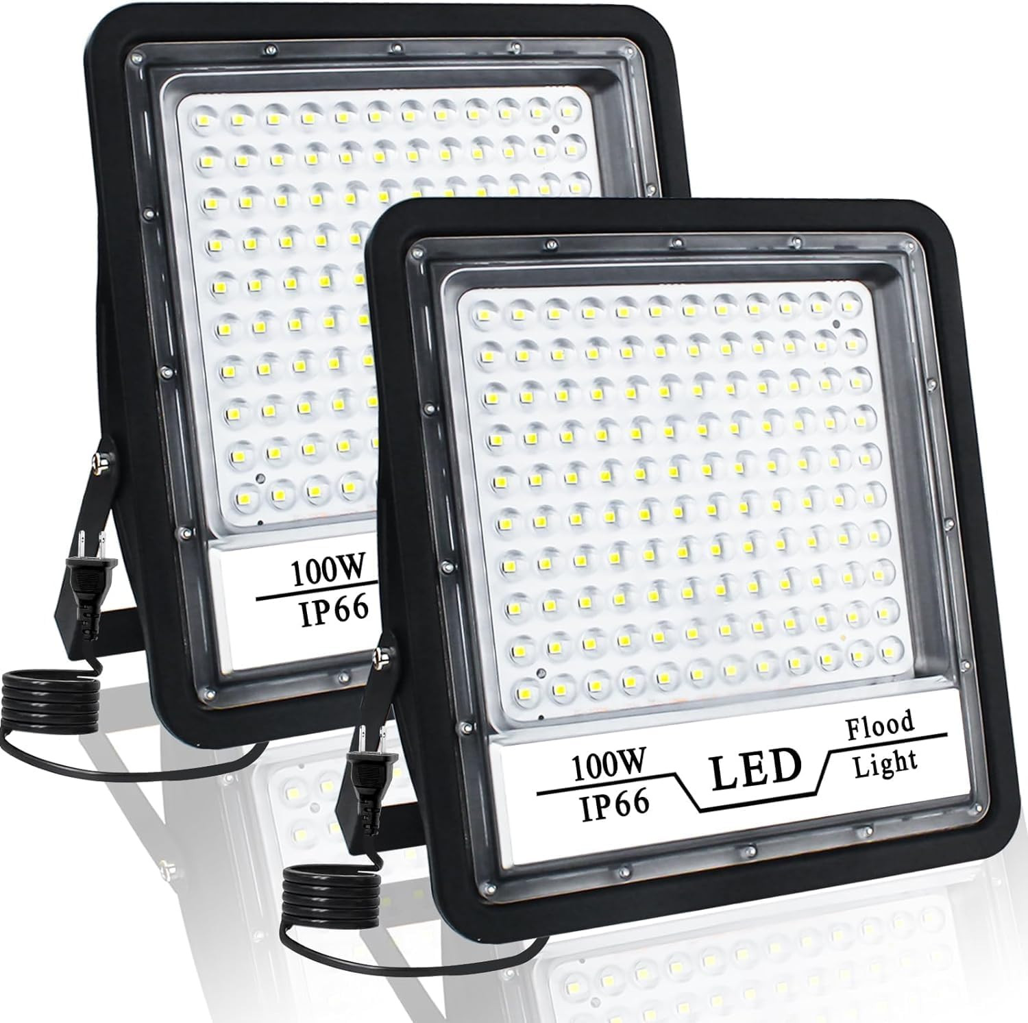 2 Pack 100W LED Flood Light Outdoor, 10000LM Bright LED Work Lights Plug In, IP6