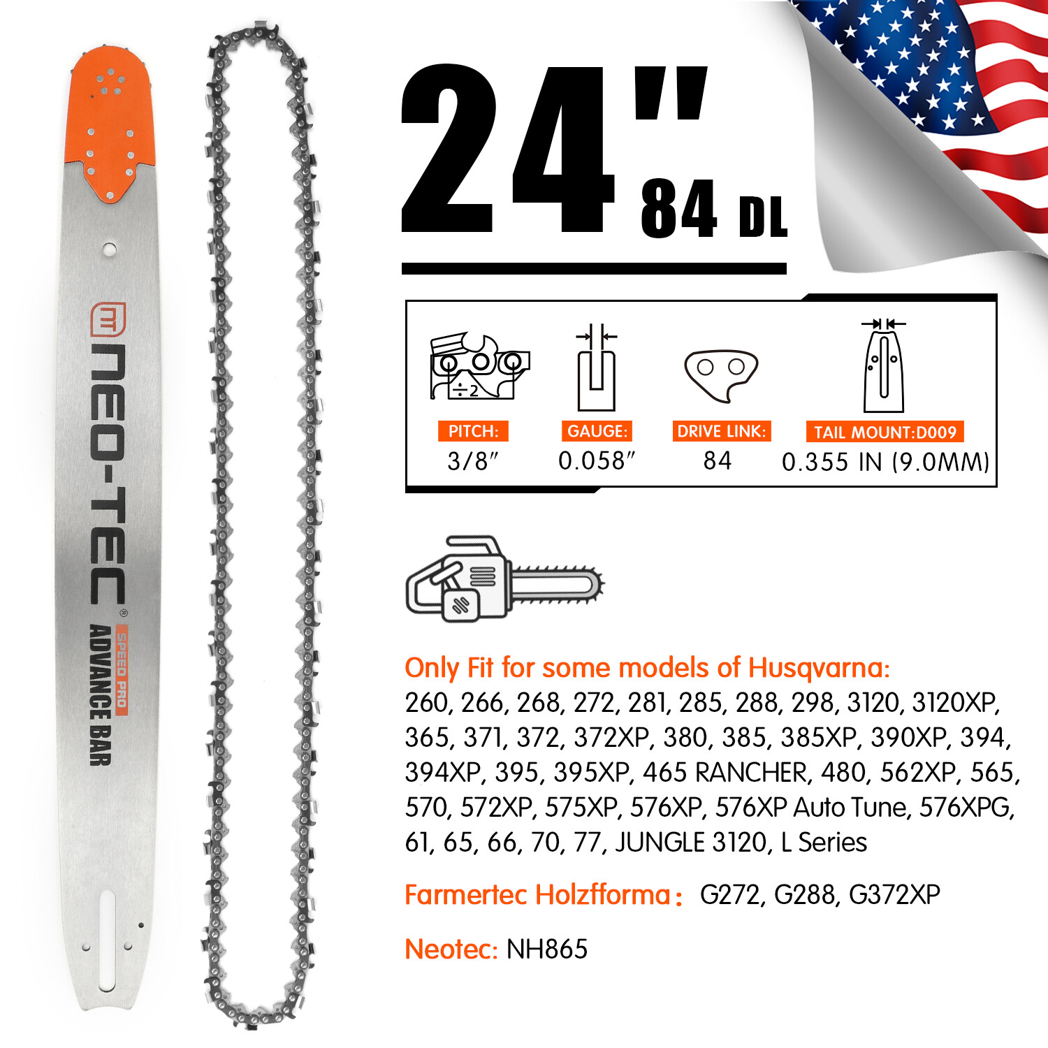 24″ Chainsaw Guide Bar 3/8” 0.058″ 84DL Chain For Husqvarna 365 372 390 394 395