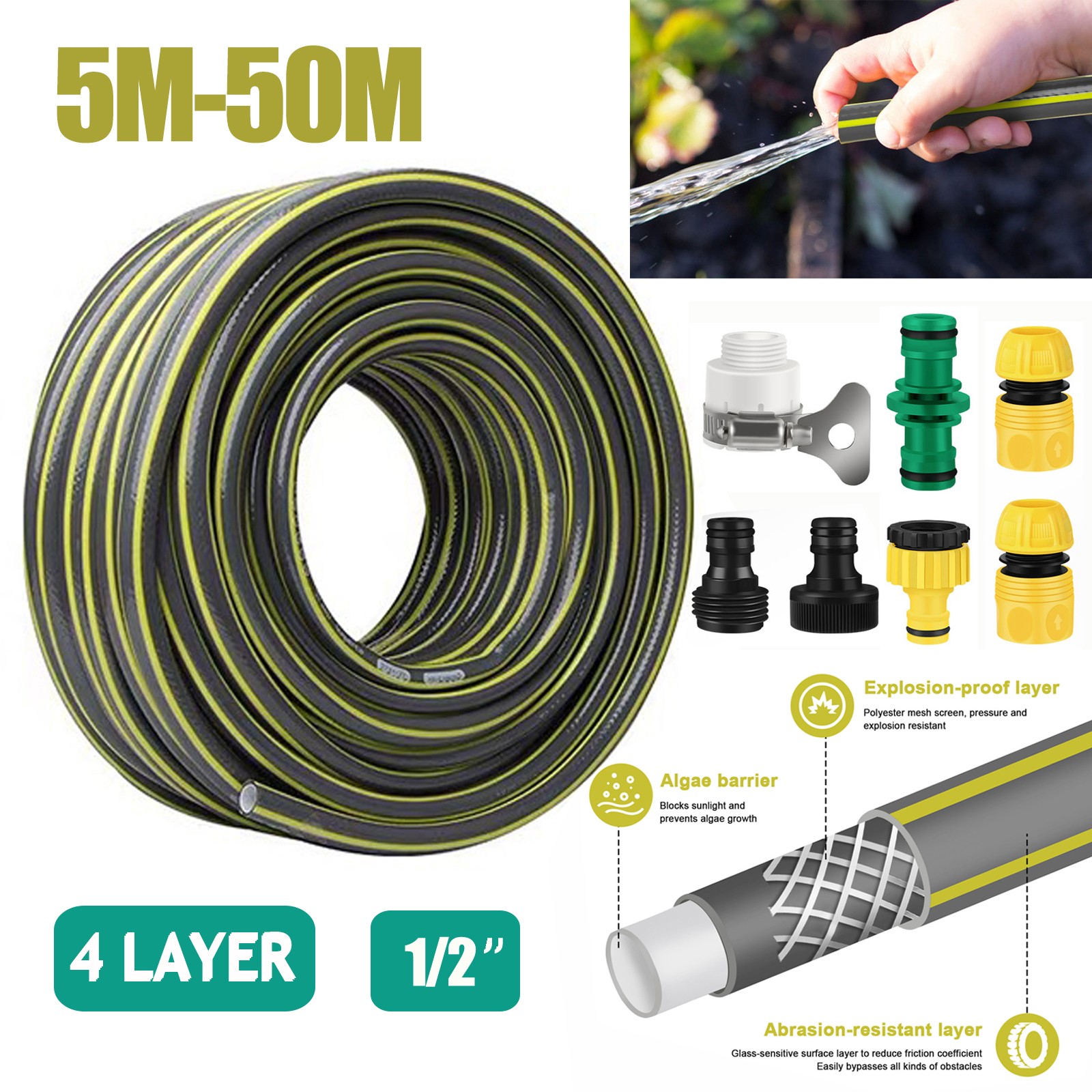30/50/75/100/160FT Premium 1/2′ Rubber Garden Hose Heavy Duty Water Hose Sprayer