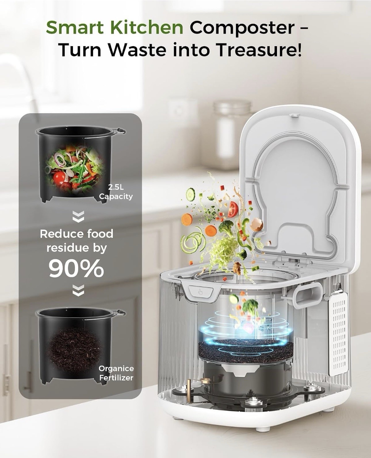 Smart Electric Composter for Kitchen, 2.5L, Auto-Cleaning Countertop Compost Bin