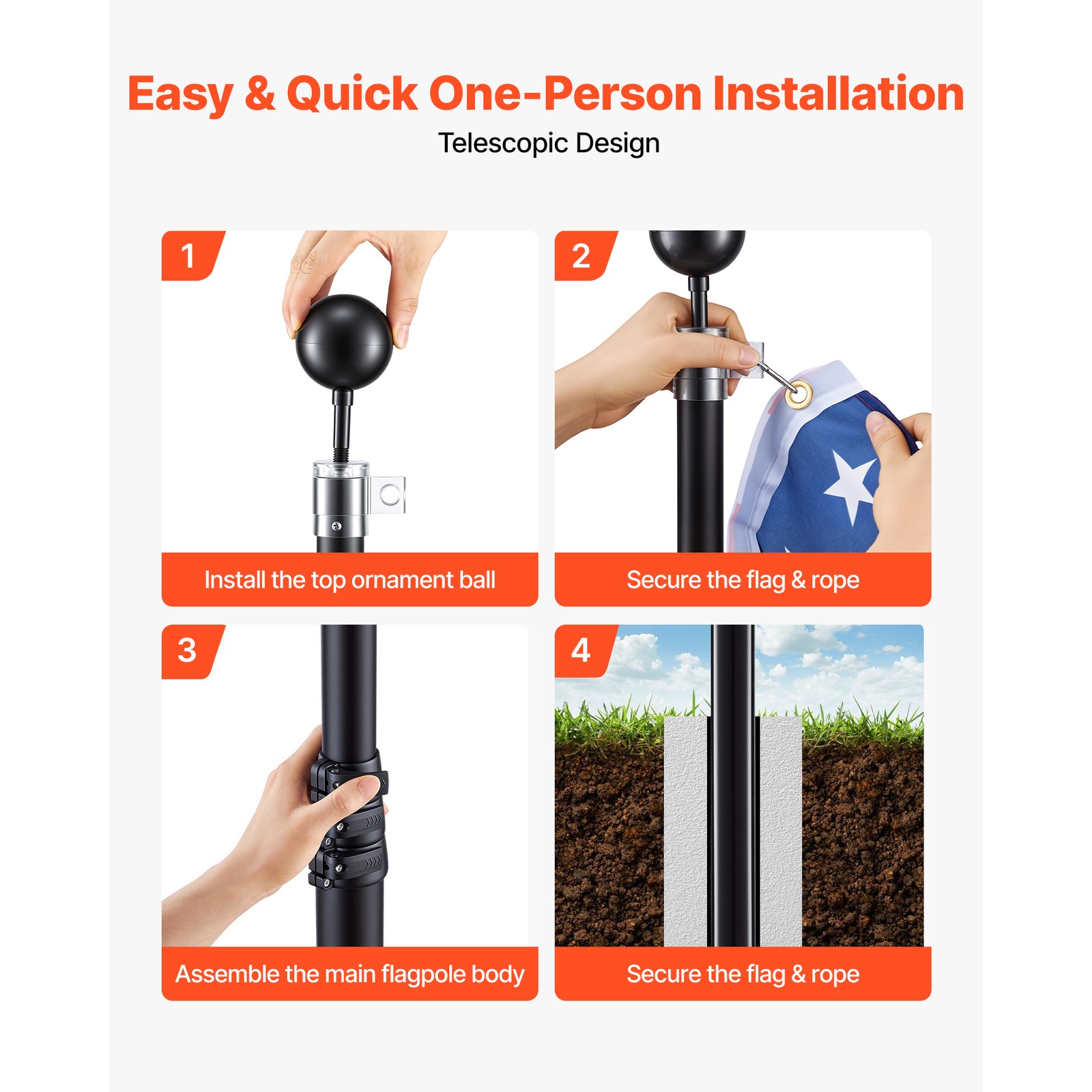 Uimoso 30 ft Telescopic Aluminum Flagpole Kit with Heavy-Duty Design