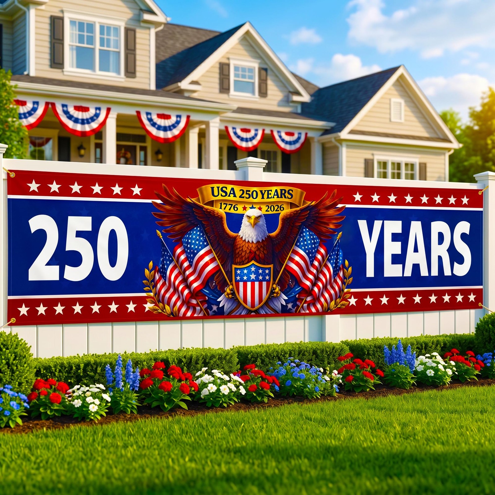 250th Anniversary Banner 2×10 ft – Large Patriotic Yard Fence Banner Eagle 17…