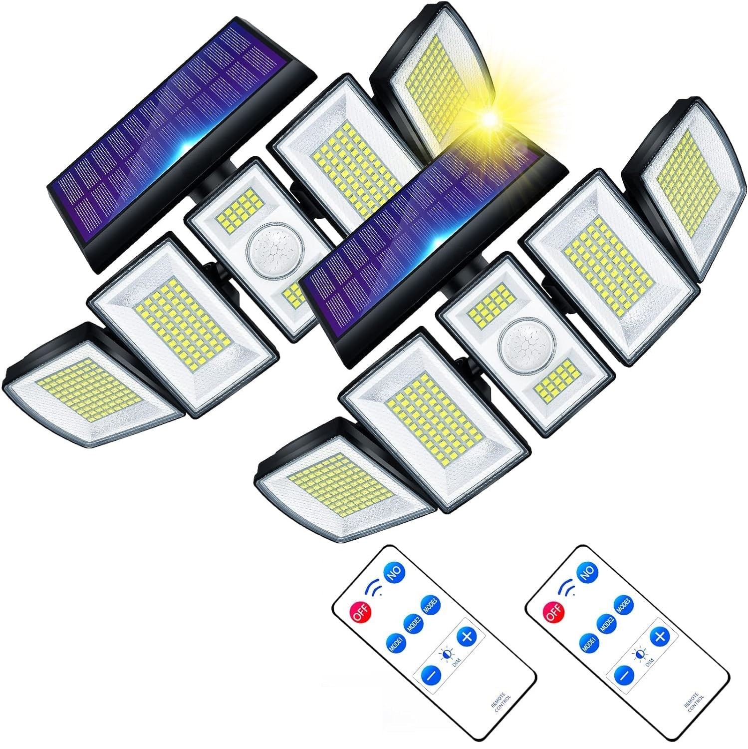 2 Pack Solar Security Light Outdoor 5 head 7000K 3000LM LED Motion Sensor IP65