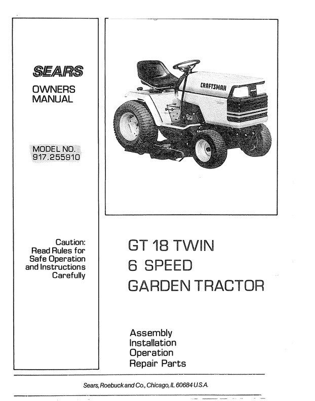 Owner’s Manual Sears Craftsman GT 18.0 HP Twin Garden Tractor – Model 917.255910