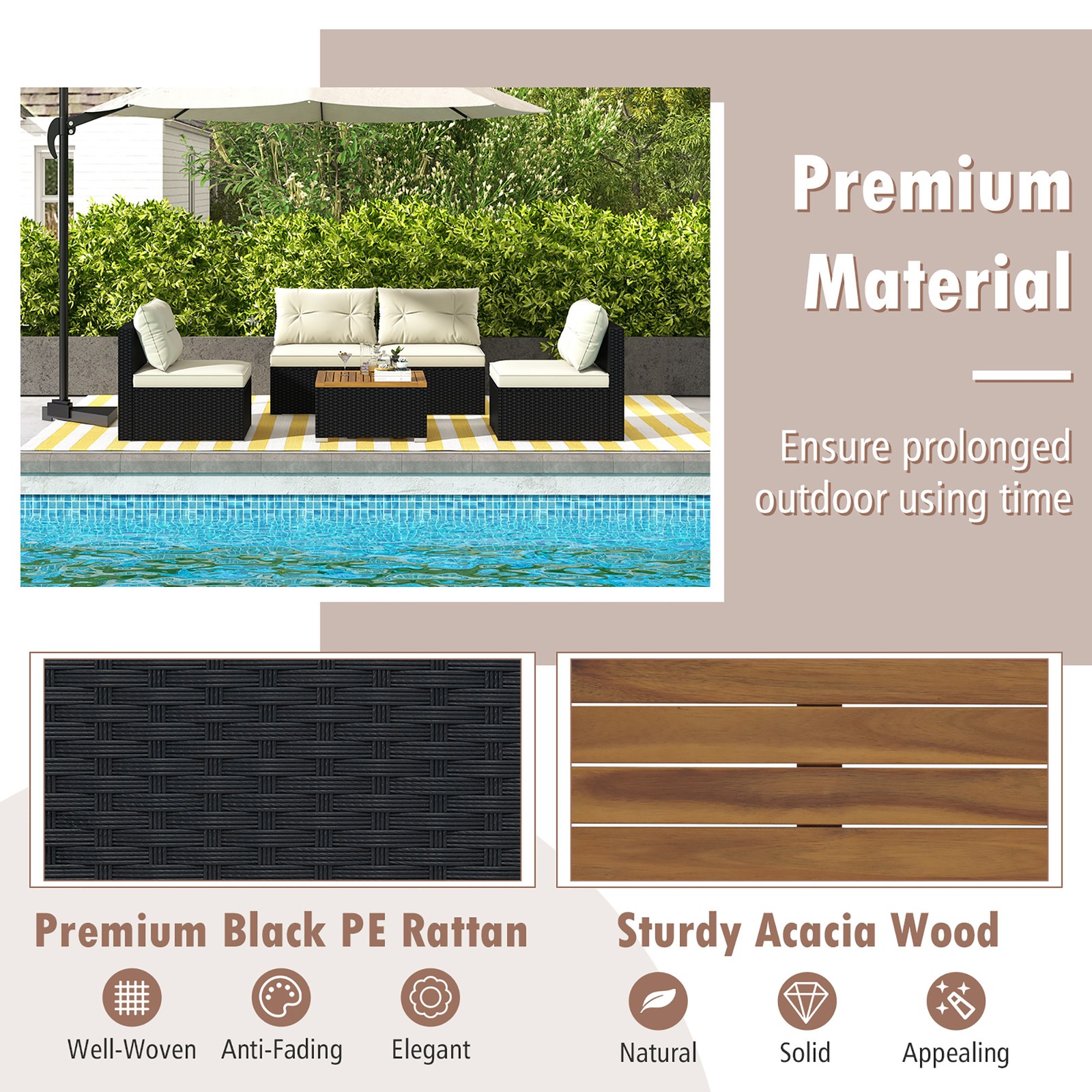 5PCS Rattan Patio Conversation Sofa Set Outdoor Furniture Set w/ Off White