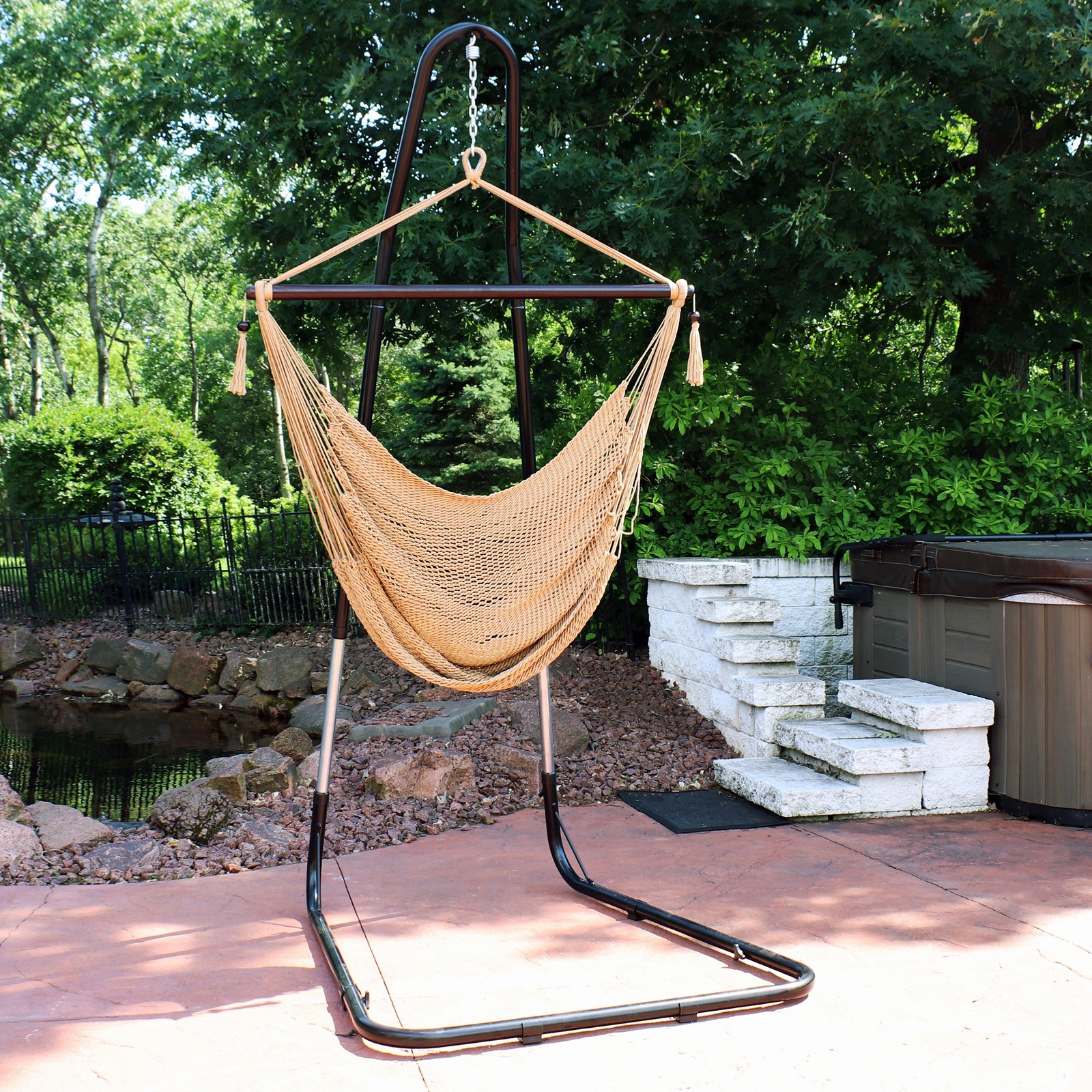 Hanging Hammock Chair Swing with 300 lb Cap. Stand, Tan by Sunnydaze