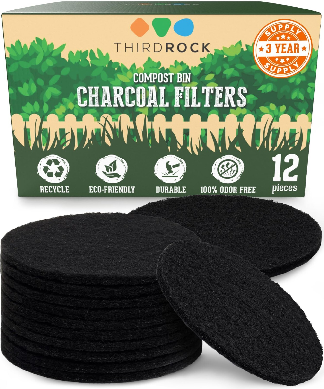 THIRD ROCK – 12 CHARCOAL FILTER FOR COMPOST 1.3 GALLON BUCKET 6.5″ – SEALED