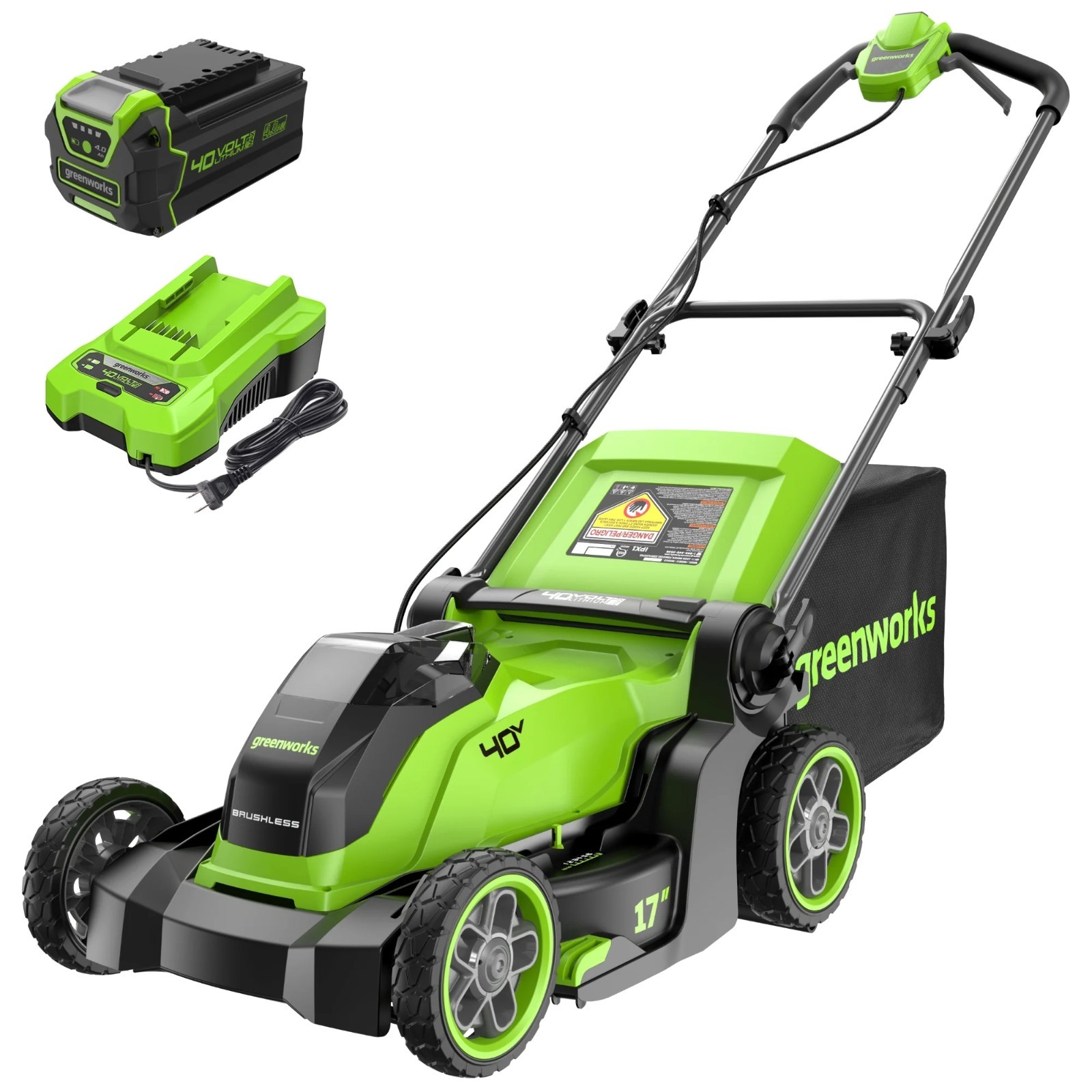 Greenworks 40V 17″ Cordless Brushless Push Lawn Mower w/ 4Ah Battery & Charger