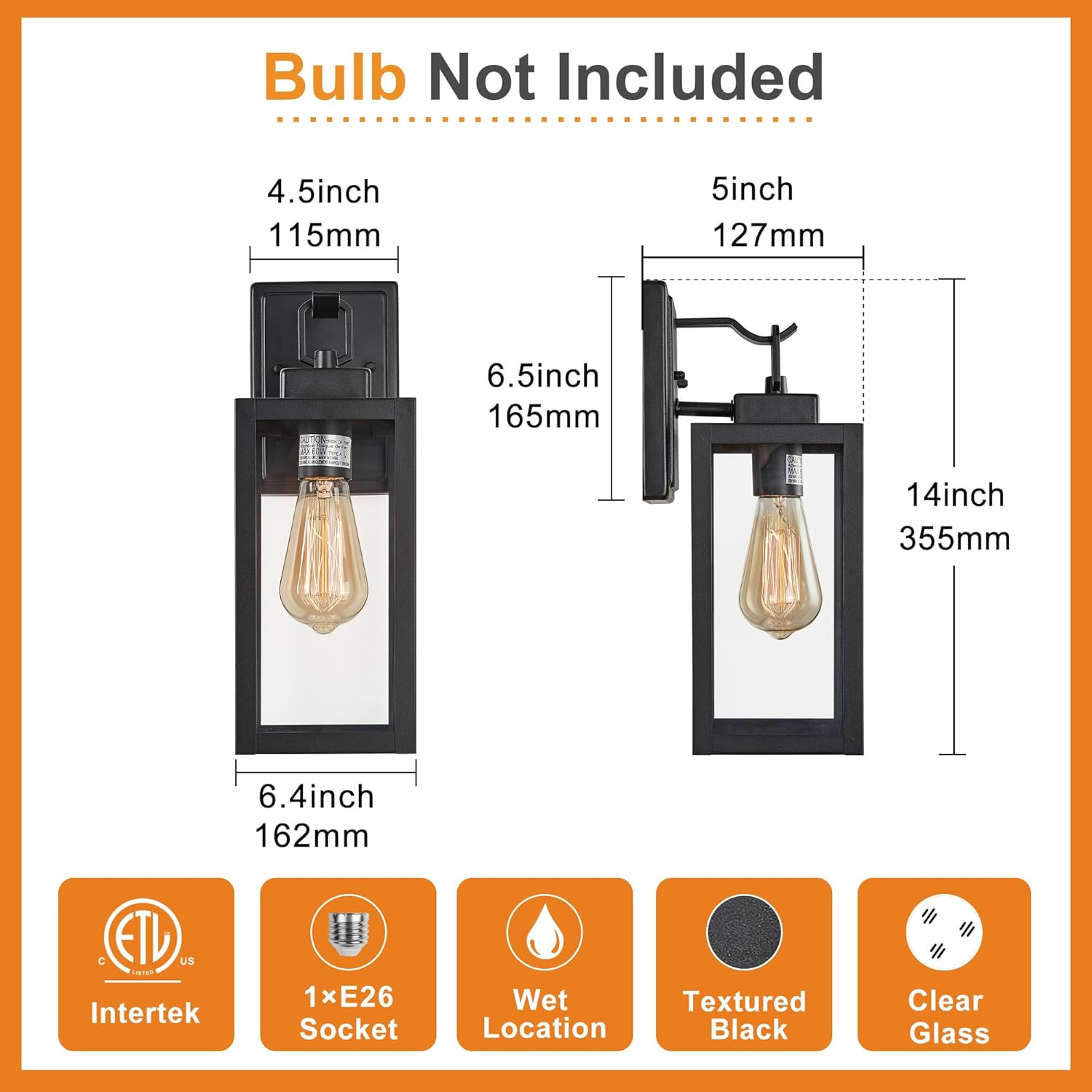 Outdoor Light Fixture Wall Mount Set of Two, Outdoor Wall Sconce, Waterproof Bla