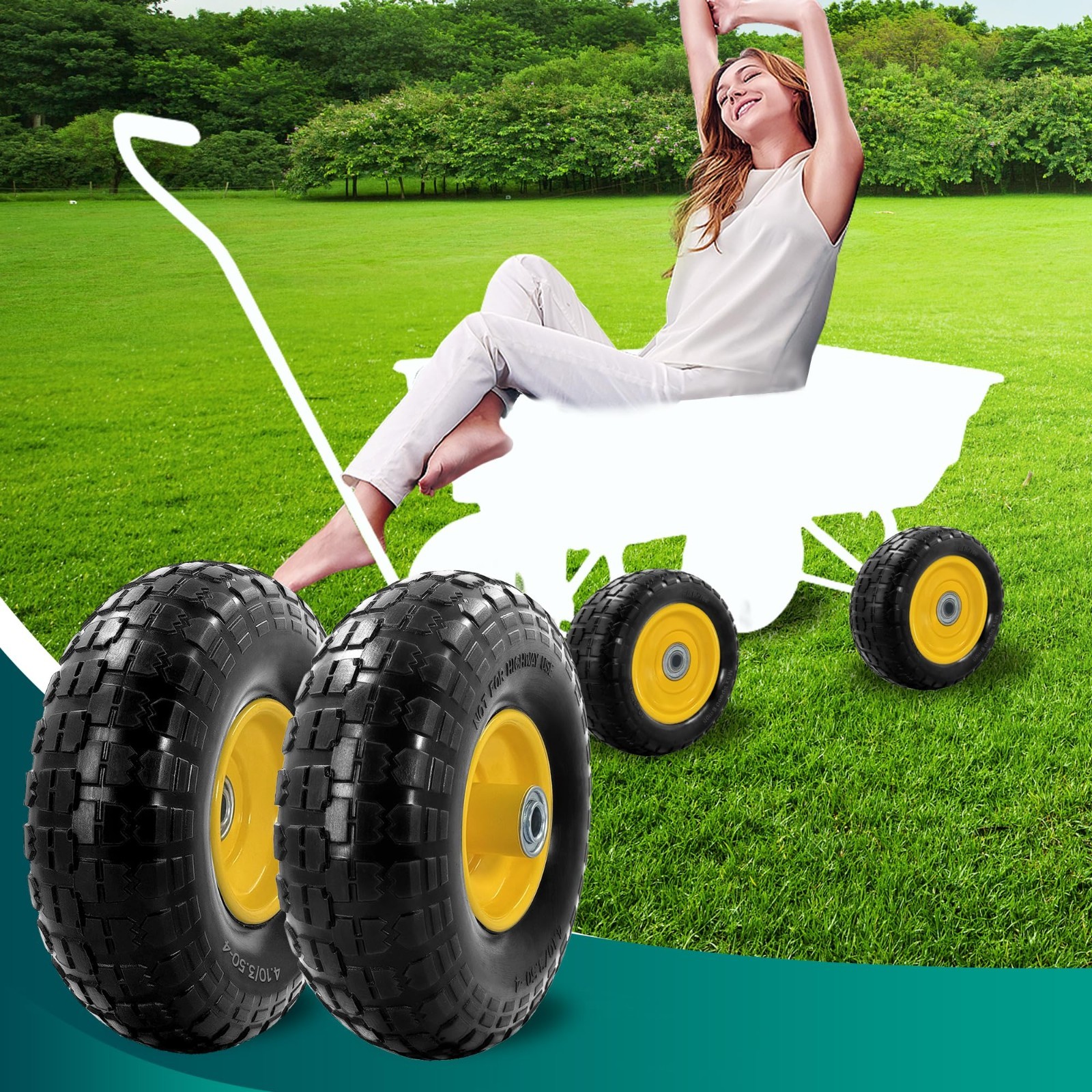 4PCS Upgrade 4.10/3.50-4 Flat Free Solid Rubber Tire and Wheel, 10″ Solid Tires