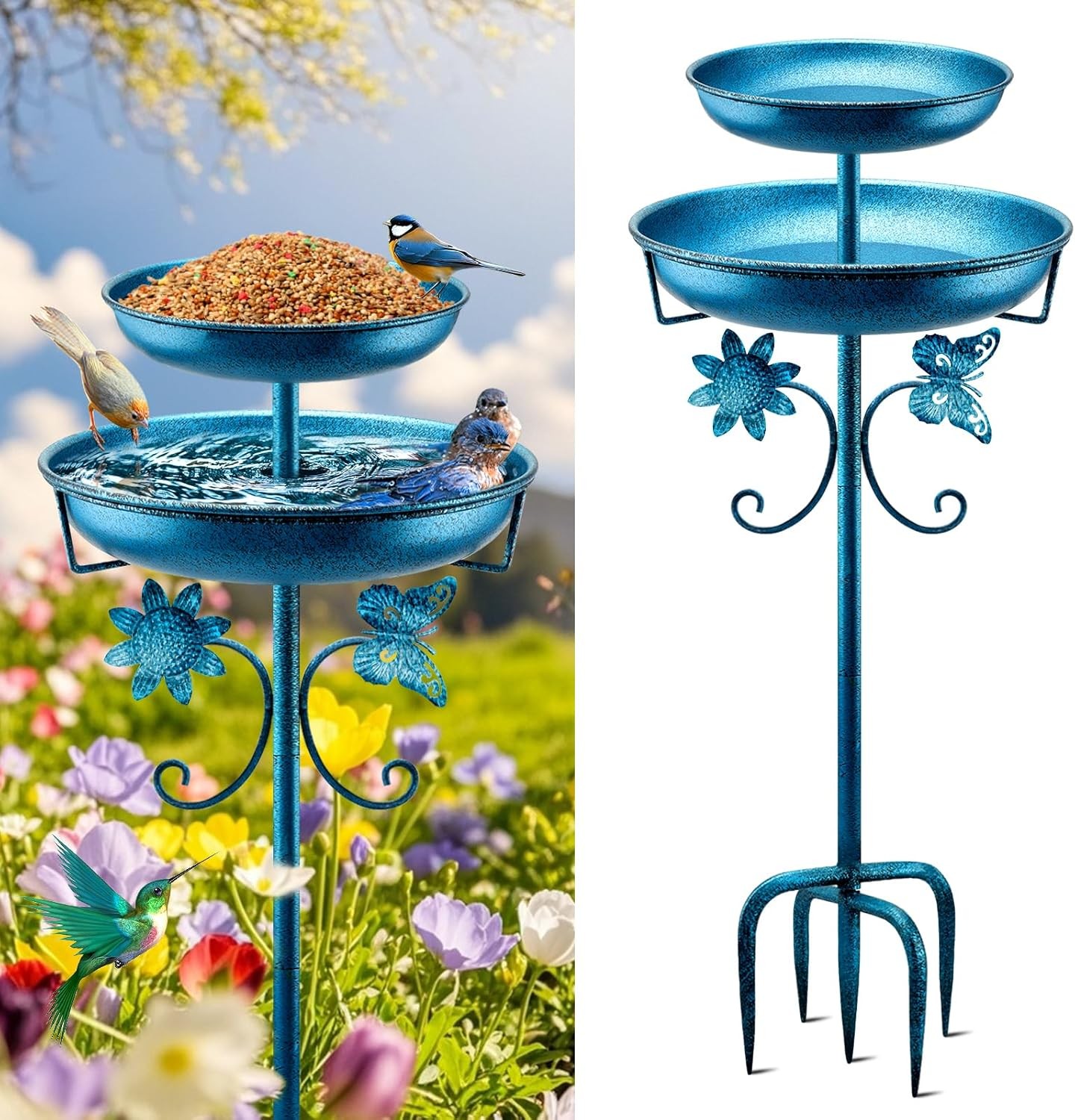 Stand Alone Bird Bath 42 Inch, Blue Metal Birdbath for Garden Yard Decor