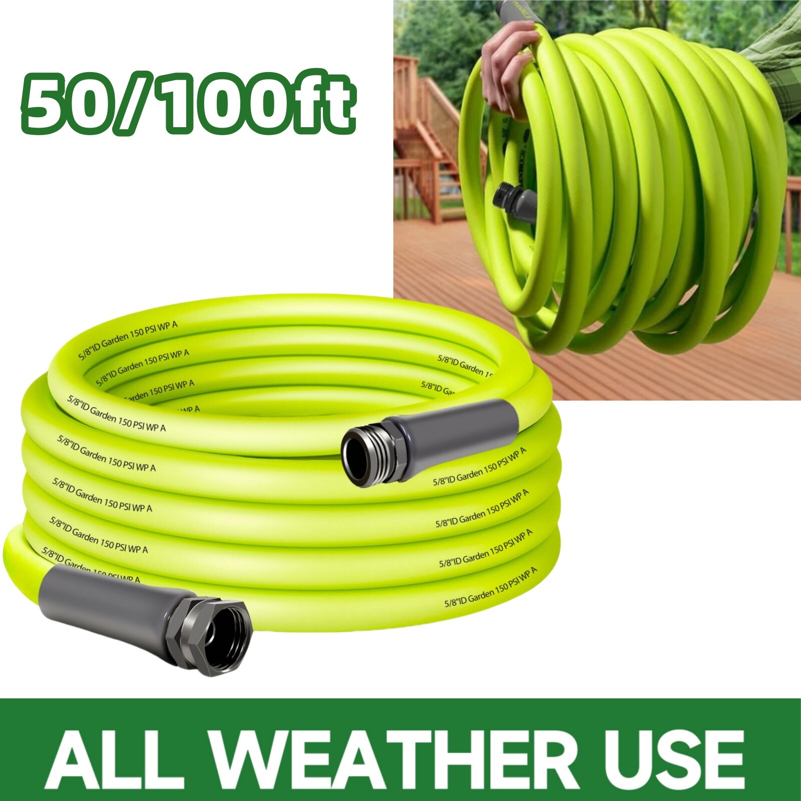 50/100FT Premium 5/8′ Rubber Garden Hose – Heavy Duty Male to Female