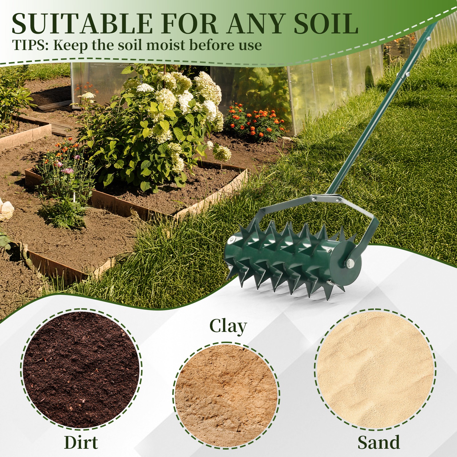 18in Lawn Aerator, Heavy Duty Rolling Aerator Lawn Tool, Manual Lawn Aerator