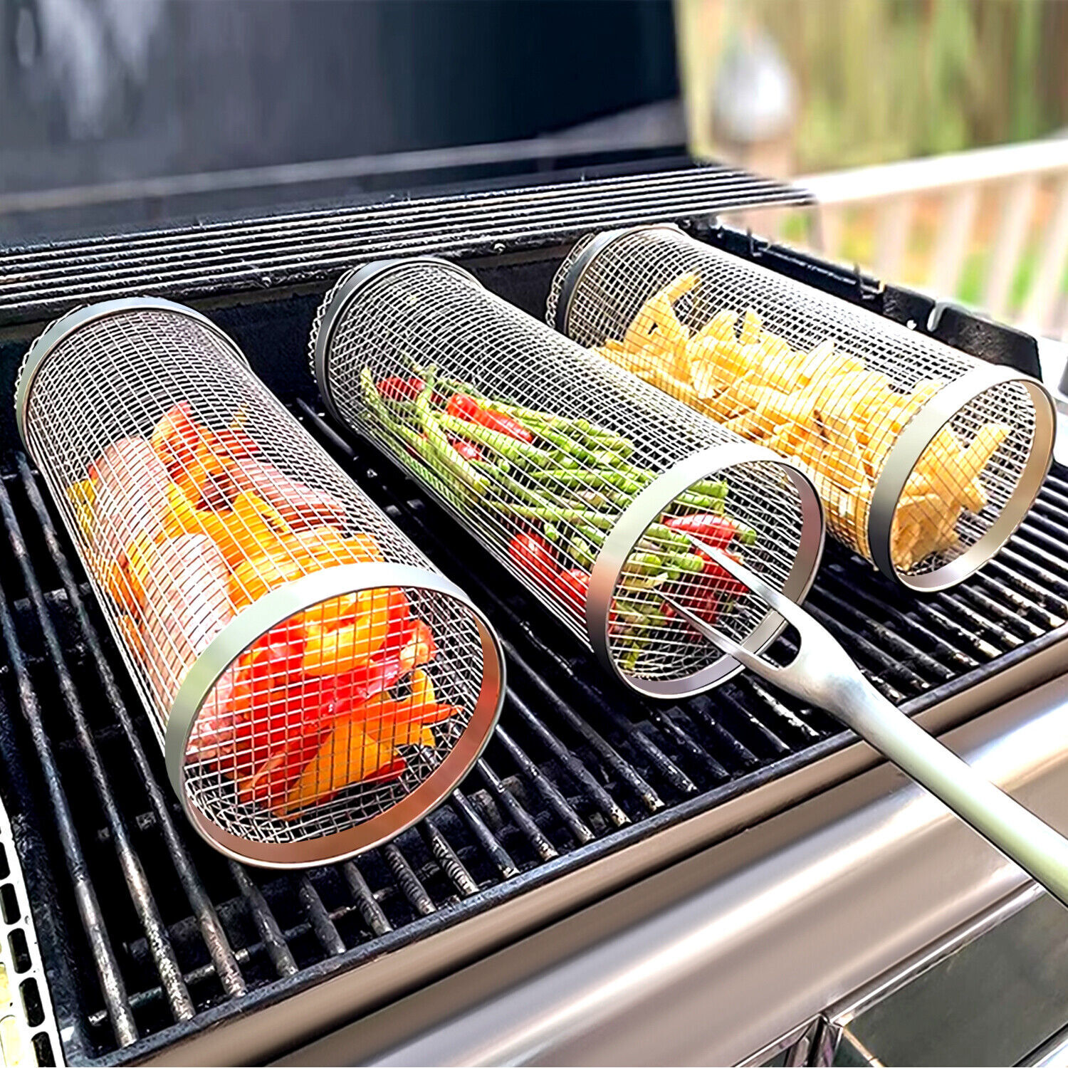 2 Pack Rolling Grilling Basket Stainless Steel For BBQ Grill Outdoor Tools US