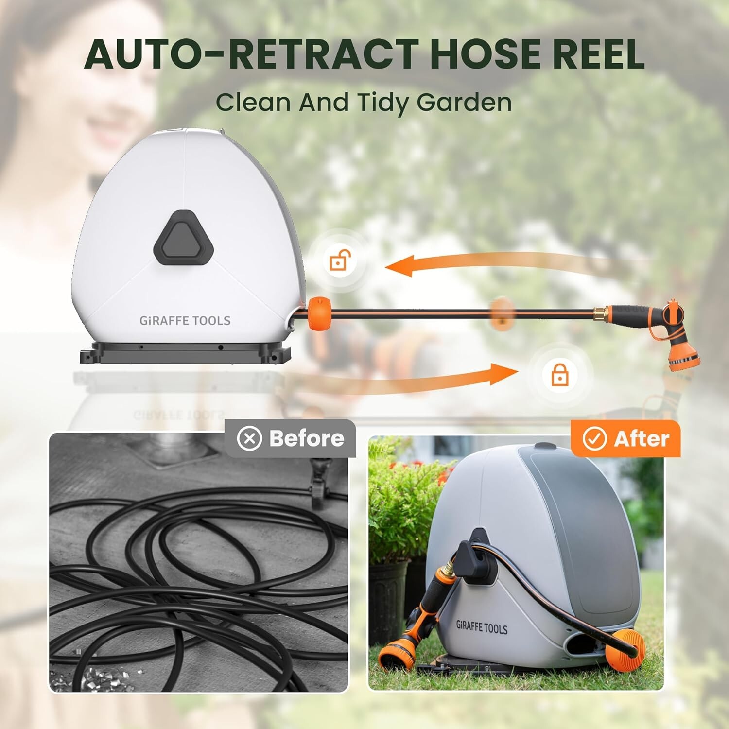 Giraffe Tools Retractable Garden Hose Reel 5/8 Inch x 92FT Watering Ground Mount