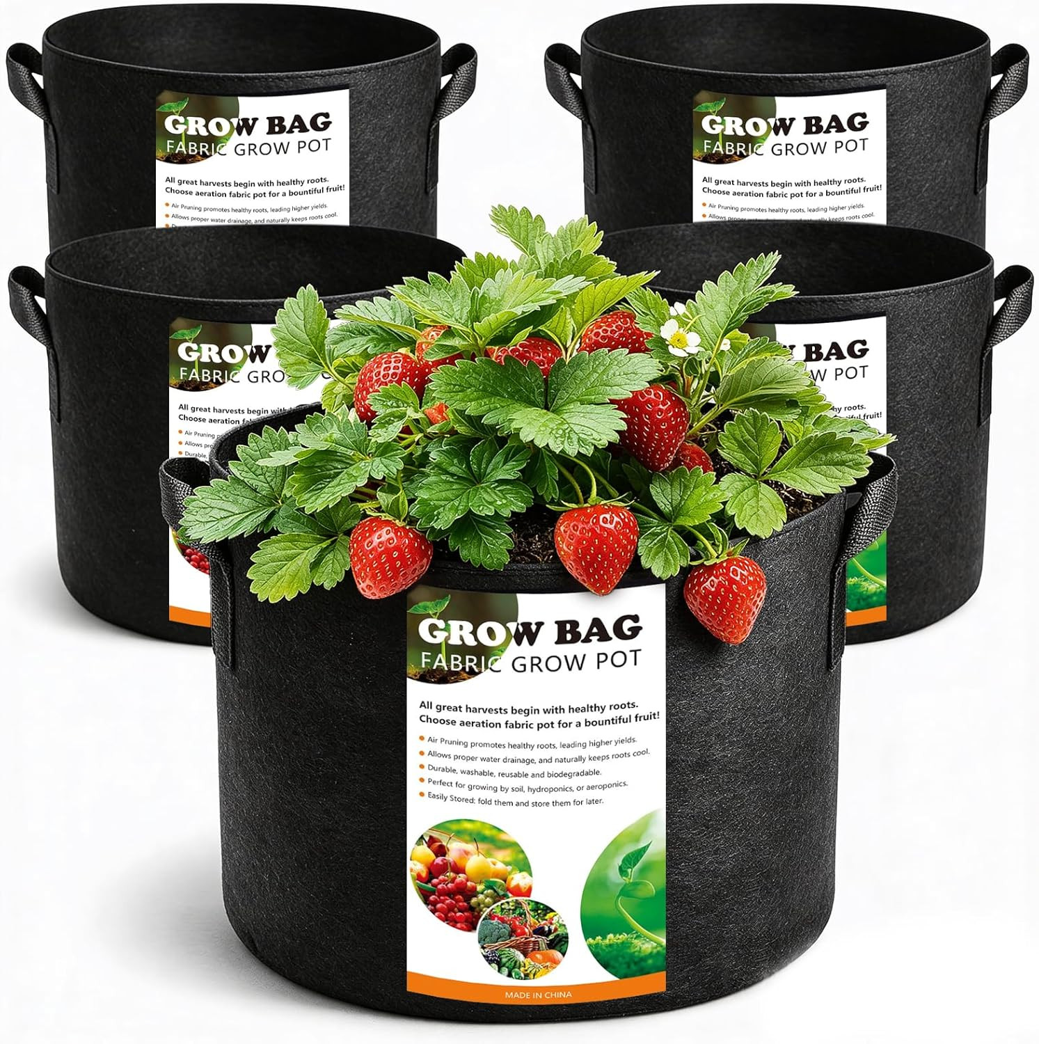 5 Pack 5 Gallon Grow Bags, Thickened Aeration Nonwoven Fabric Plant Pots with Ha