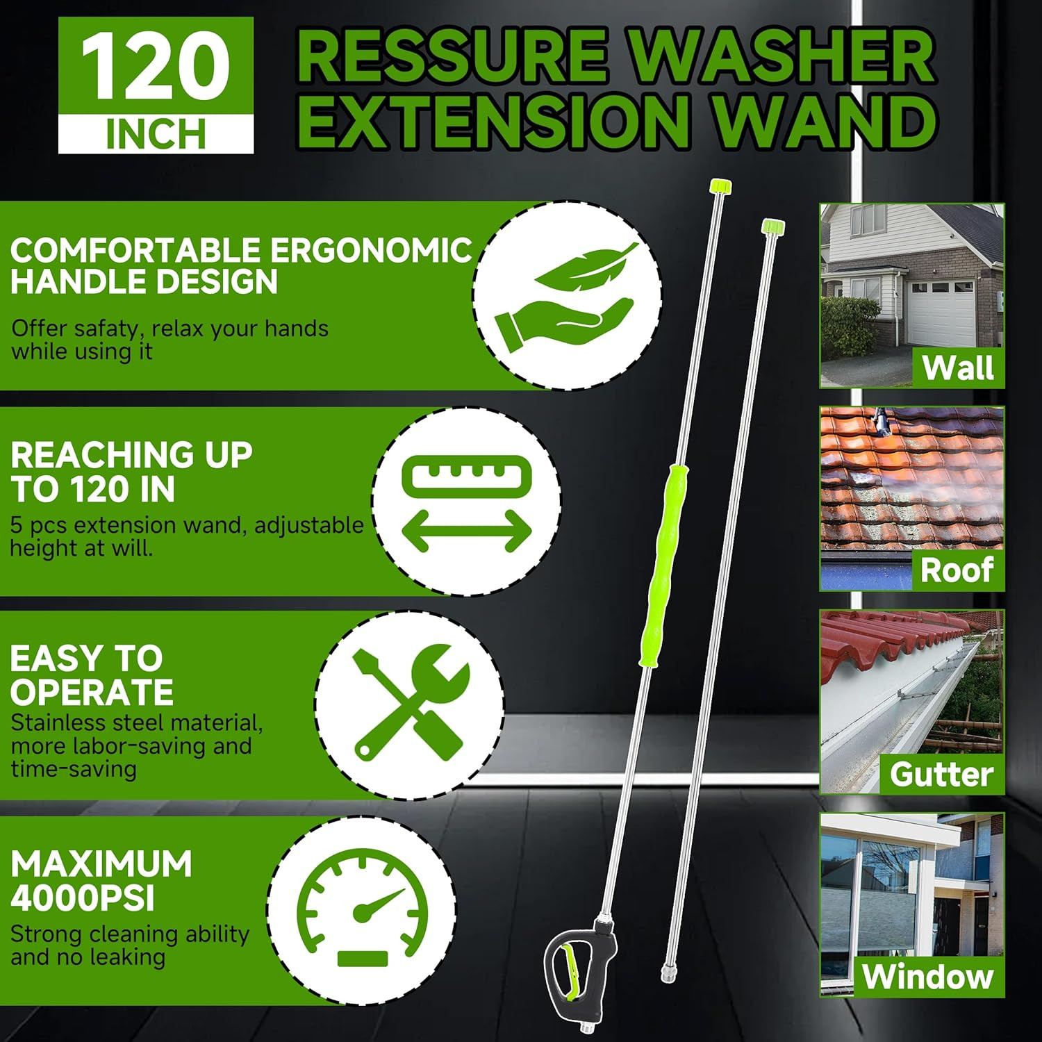 Pressure Washer Extension Wand 120 Inch, Stainless Steel | 30°/90°/120° Curved R