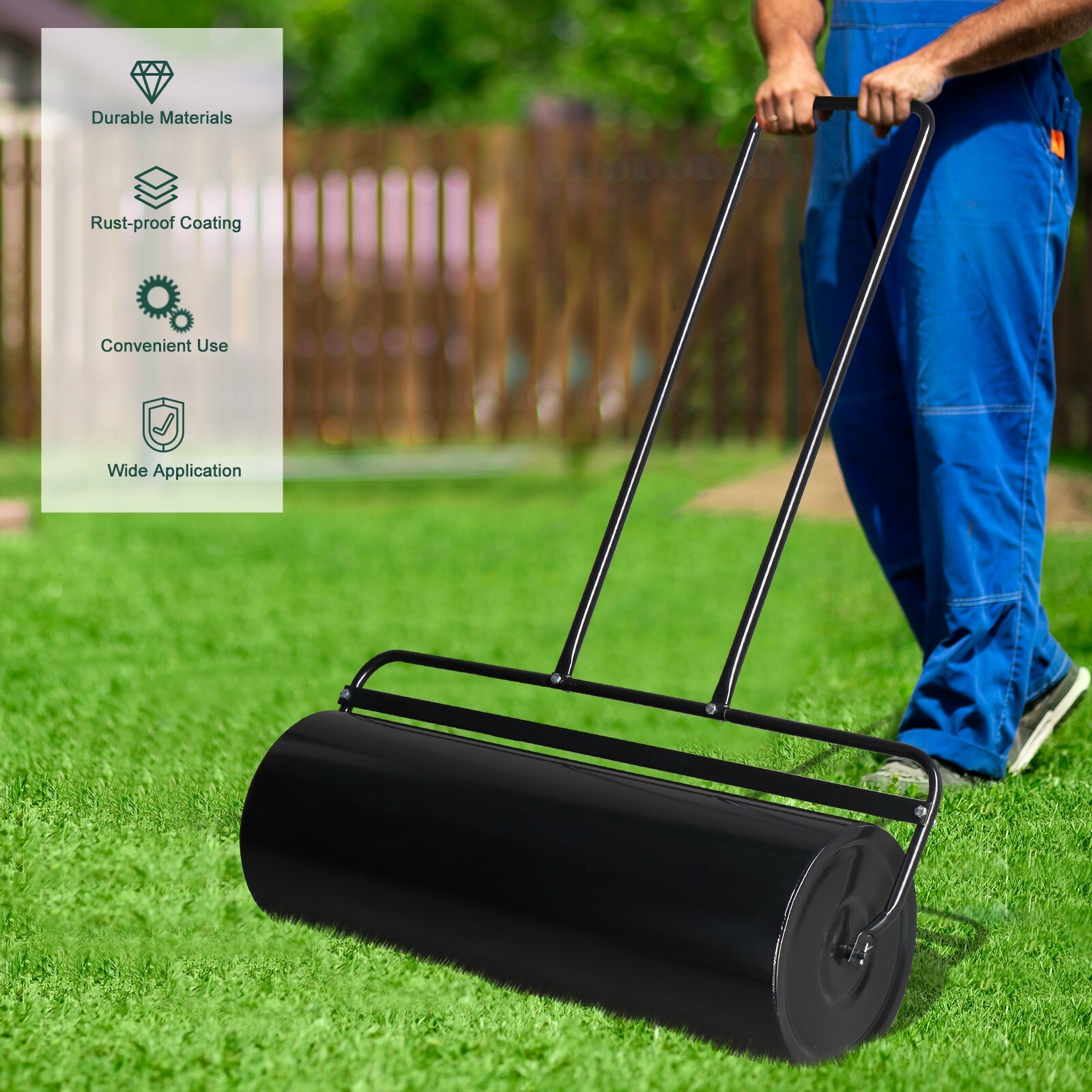 Durable 36 x 12 Inch Tow Garden Lawn Roller Water Filled Metal Push Roller-Black