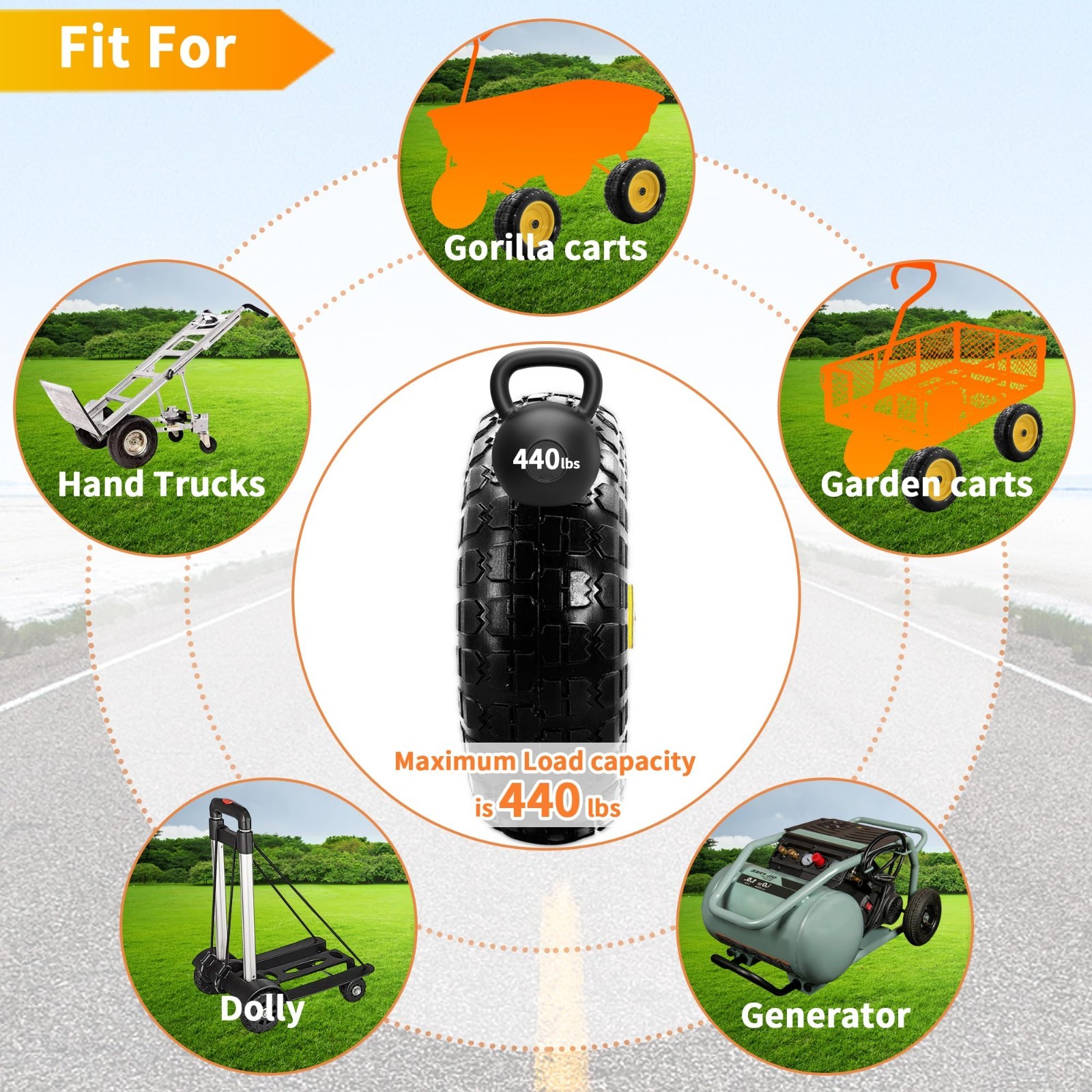 4PCS Upgrade 4.10/3.50-4 Flat Free Solid Rubber Tire and Wheel, 10″ Solid Tires