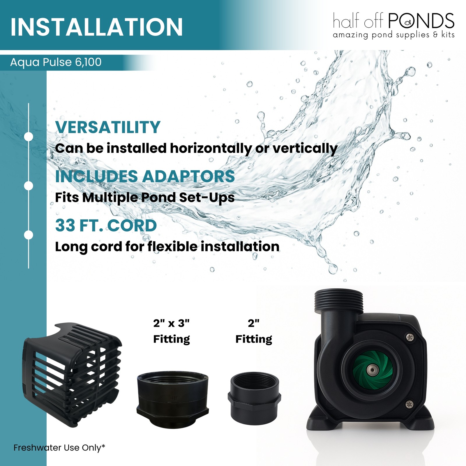 HALF OFF PONDS 6,100 GPH Submersible Pond Pump, Energy Efficient, 33 ft Cord