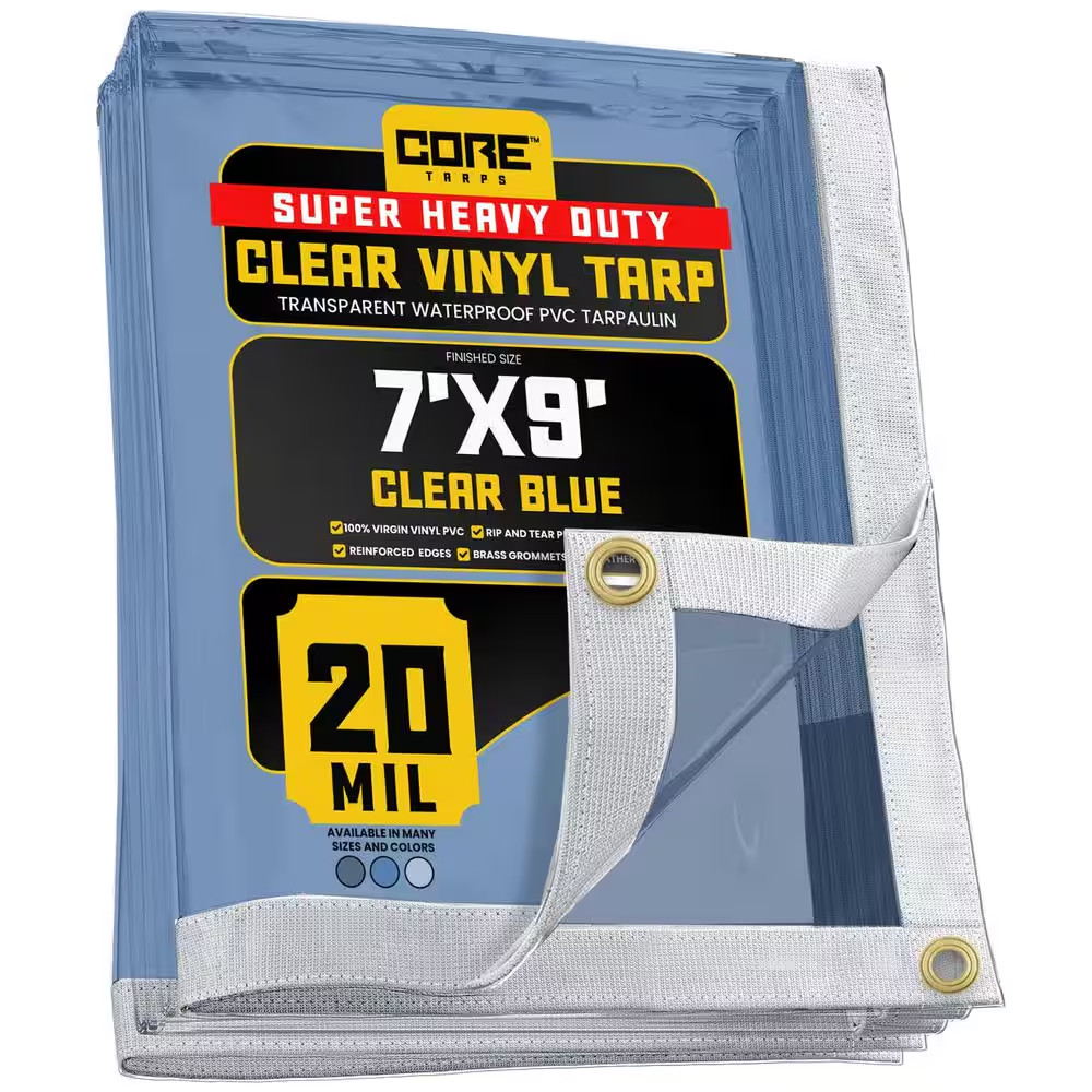 7 Ft. X 9 Ft. Clear Blue Extreme Heavy Duty 20 Mil Vinyl Plastic Tarp, Waterproo