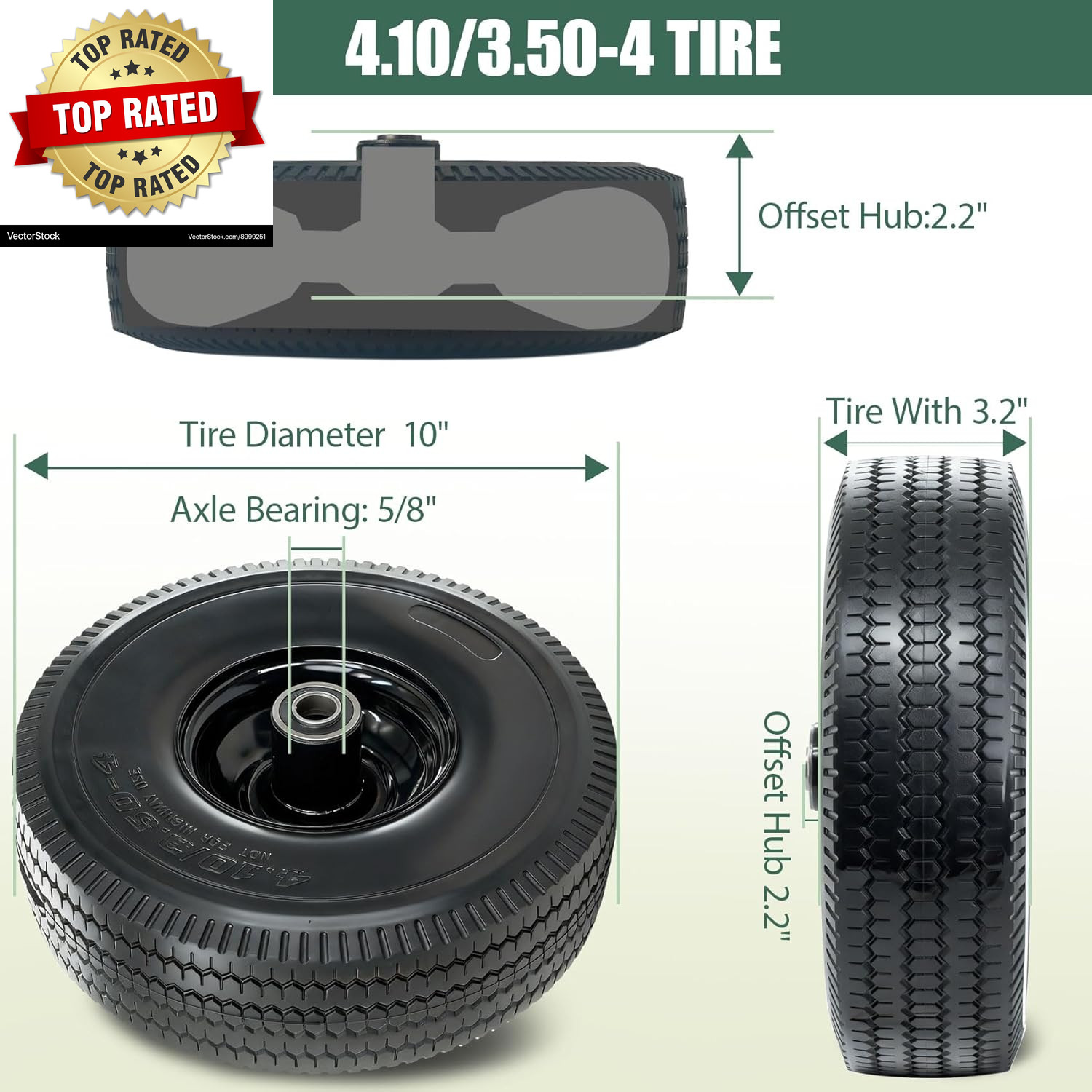 4.10/3.50-4 Tire and Wheel 10″ Solid Tires with 5/8” Bearing Extra 3/4”&1/2” Bea