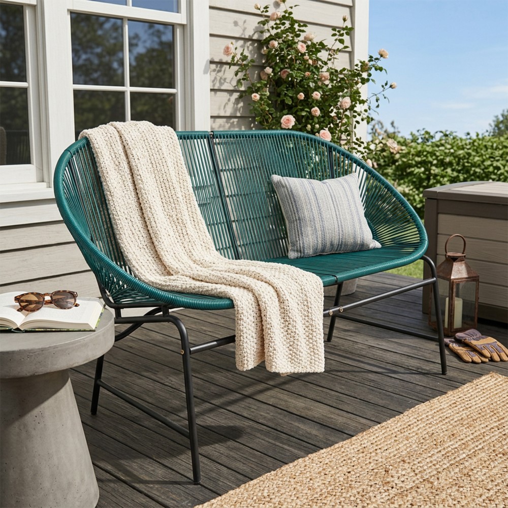 Wicker Love Seat Outdoor Patio Furniture Green Rattan Iron Frame