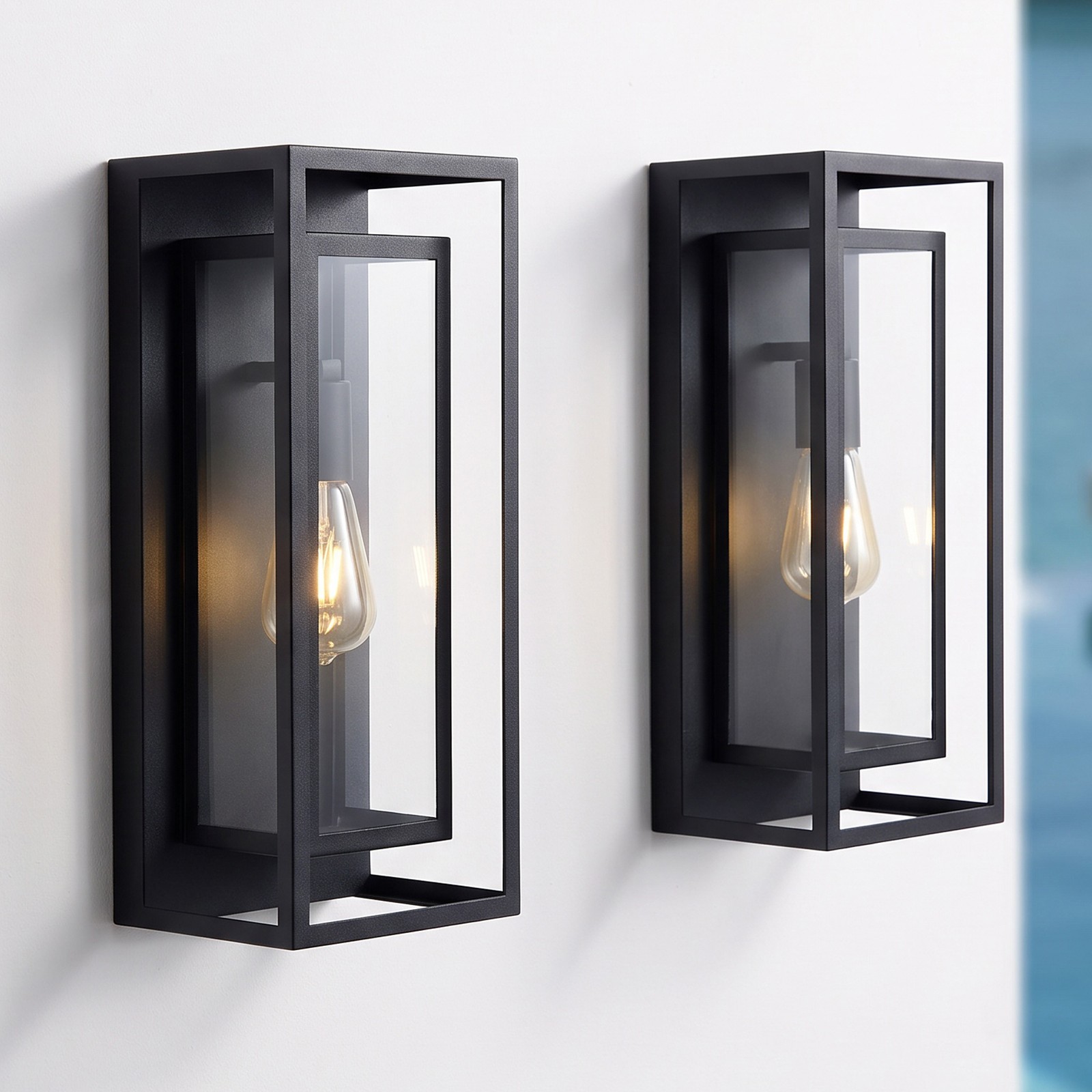 2 Pack 18″ Black Modern Outdoor Wall Lantern Glass Entryway Patio Sconce Light