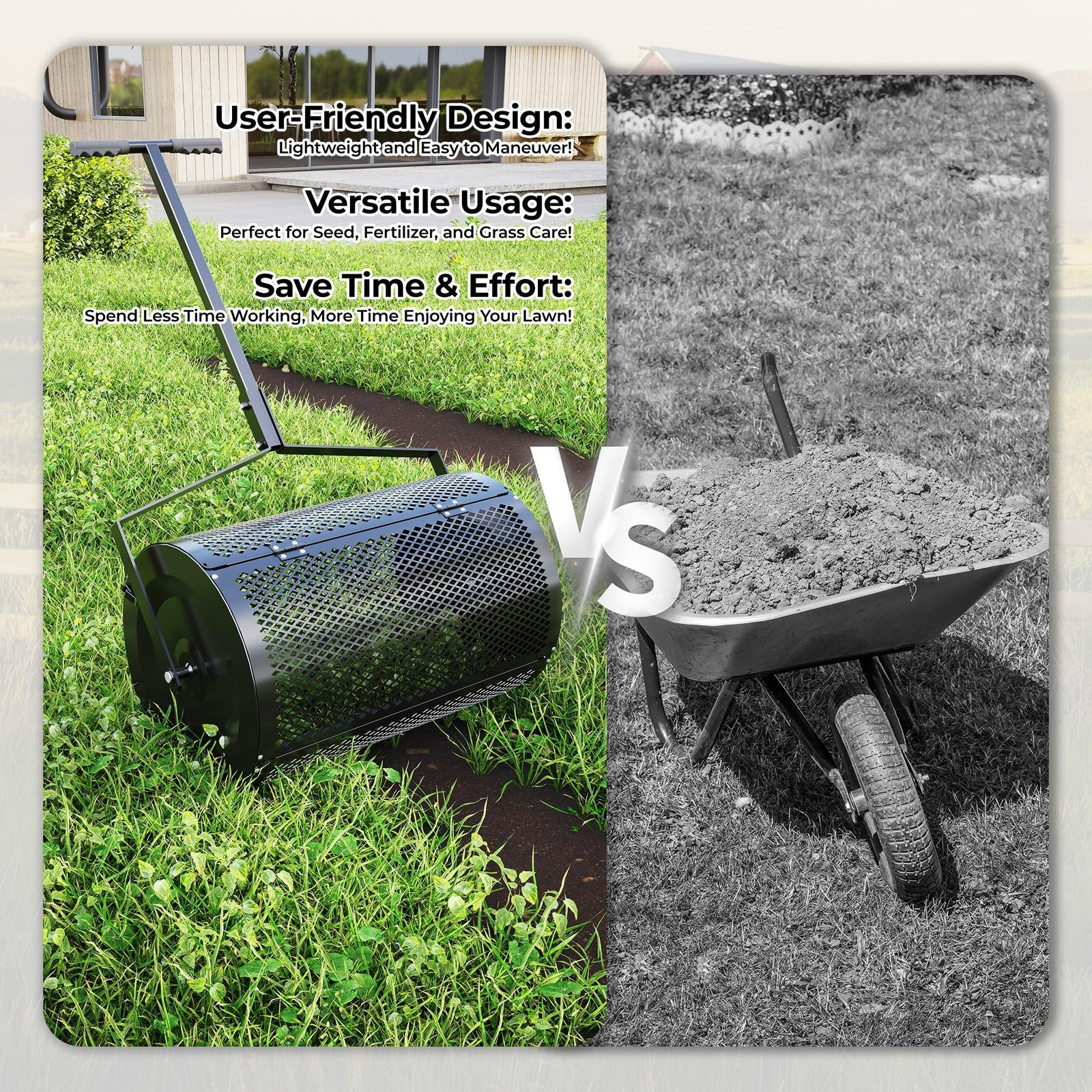 24″ Heavy Duty Compost Spreader ,T-Handle Metal Mesh Roller Lawn Spreader Garden