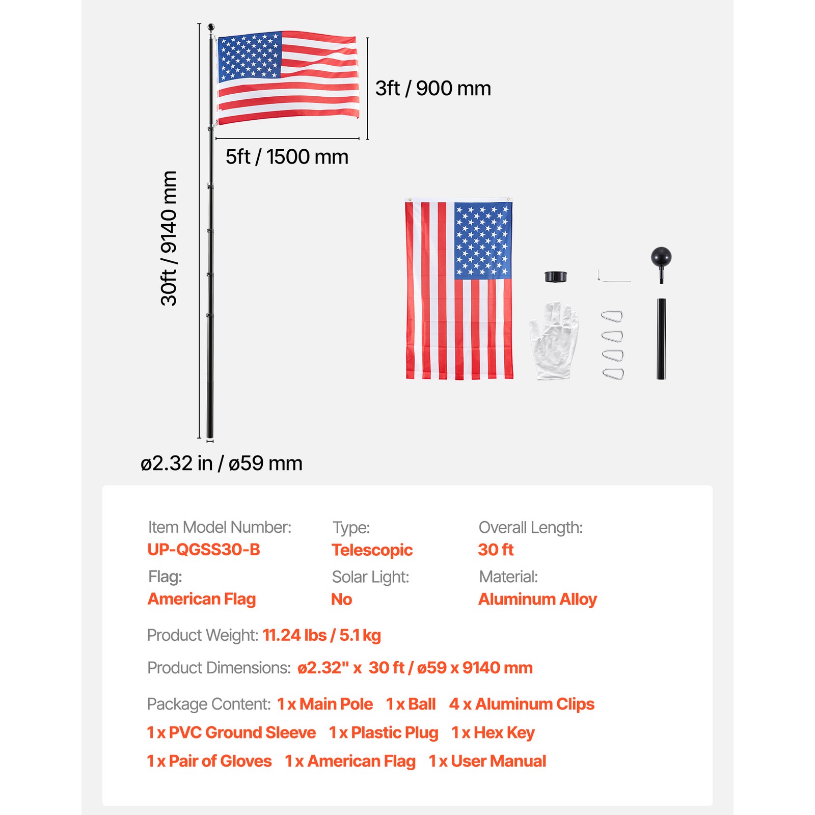 Uimoso 30 ft Telescopic Aluminum Flagpole Kit with Heavy-Duty Design