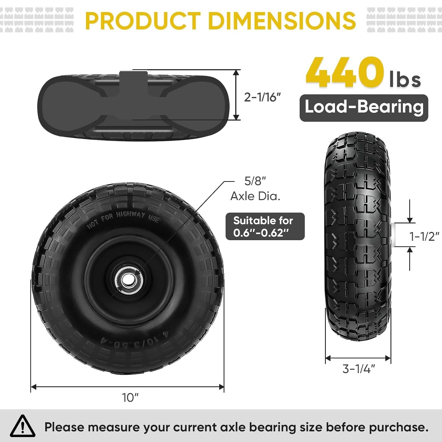 10″ Solid Tires, 2X Flat Free 4.10/3.50-4” Wheels Double Sealed Bearings