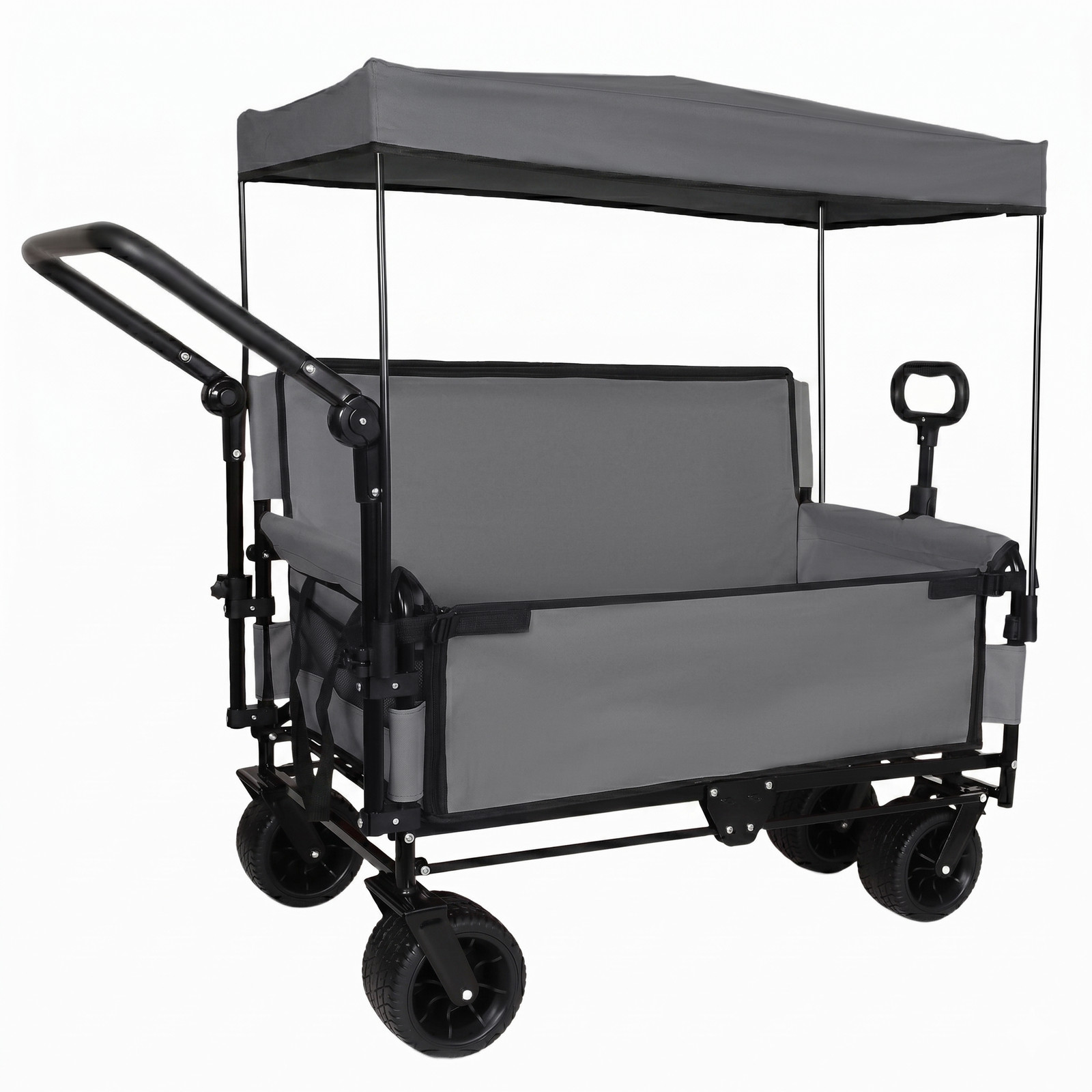 3-in-1 Folding Wagon Cart with Bench Seat & Canopy & Storage 500lbs 180L Gray