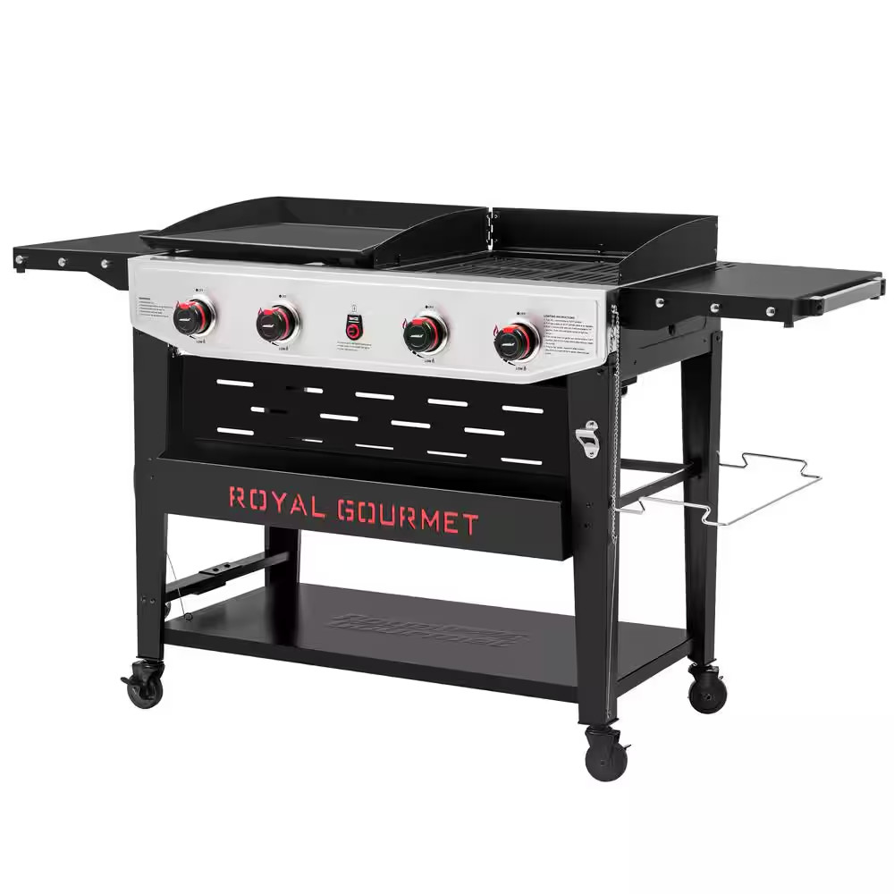 4-Burner Gas Grill and Griddle Combo with Cooking Grates, Black and Silver, Heav