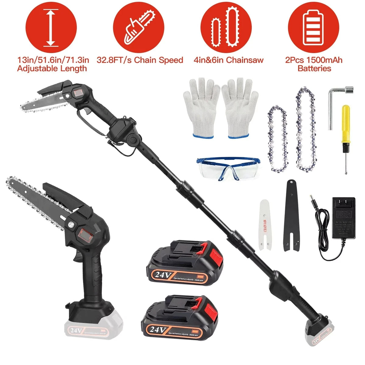 2 in1 Cordless Pole Saw Brushless Mini Chainsaw for Tree Trimming w/ 2 Batteries